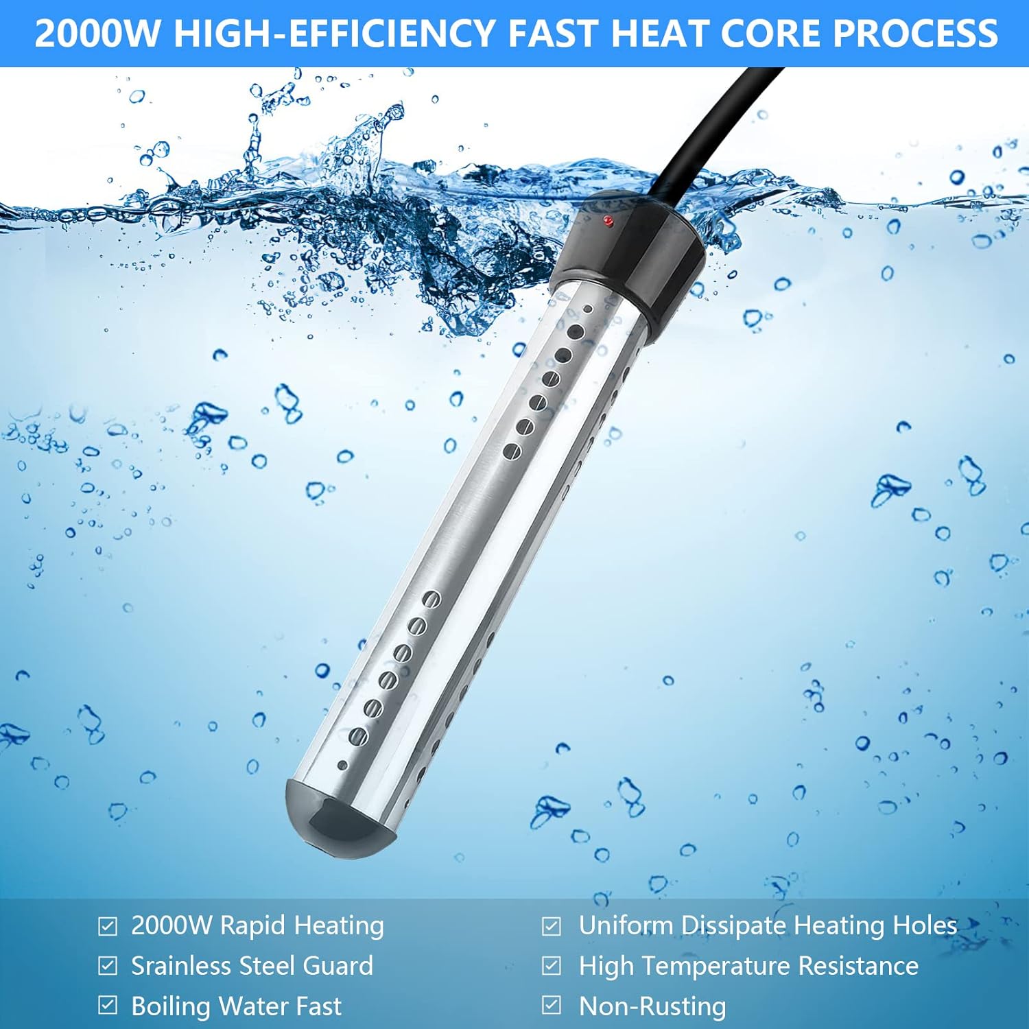 Calentador de agua de inmersión de 2000 W, calentador de agua portátil eléctrico con acero inoxidable 304 antiquemaduras, calentador de agua de cubo