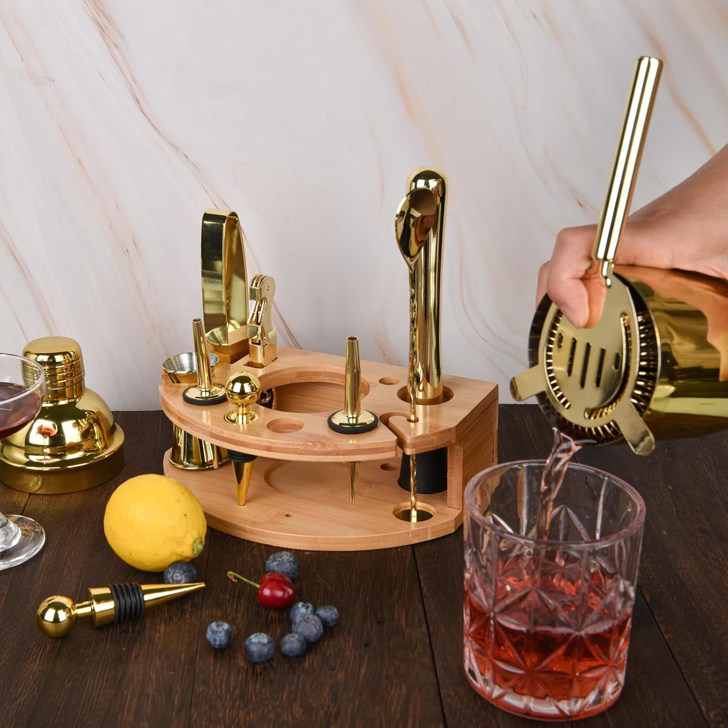 Kit de camarero con elegante soporte de bambú, juego de coctelera de 12 piezas de 25 onzas para bebidas mixtas, juego de herramientas profesionales