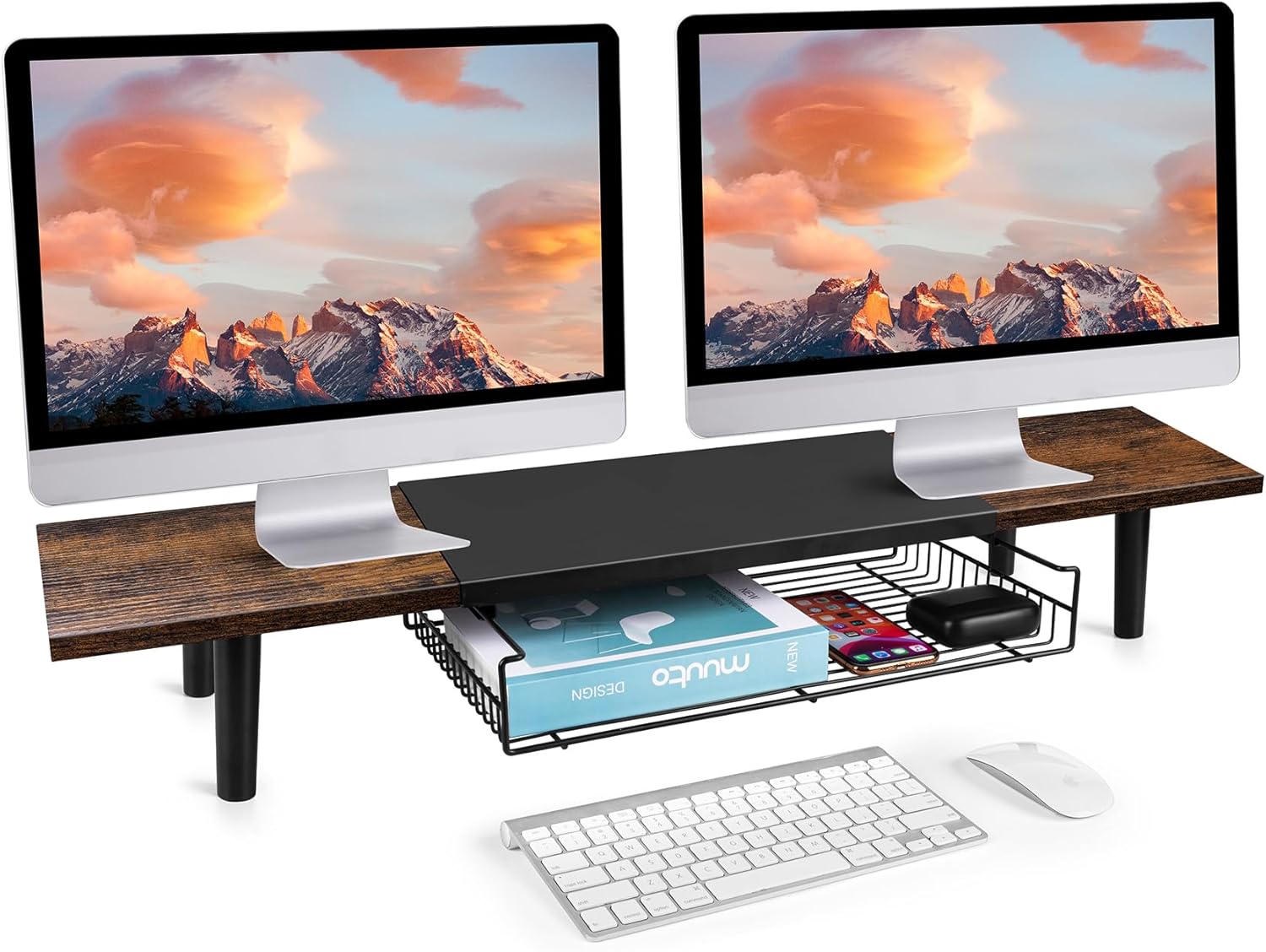 Soporte de monitor doble para 2 monitores, elevador de TV grande con organizador de escritorio de longitud ajustable, soporte de monitor de