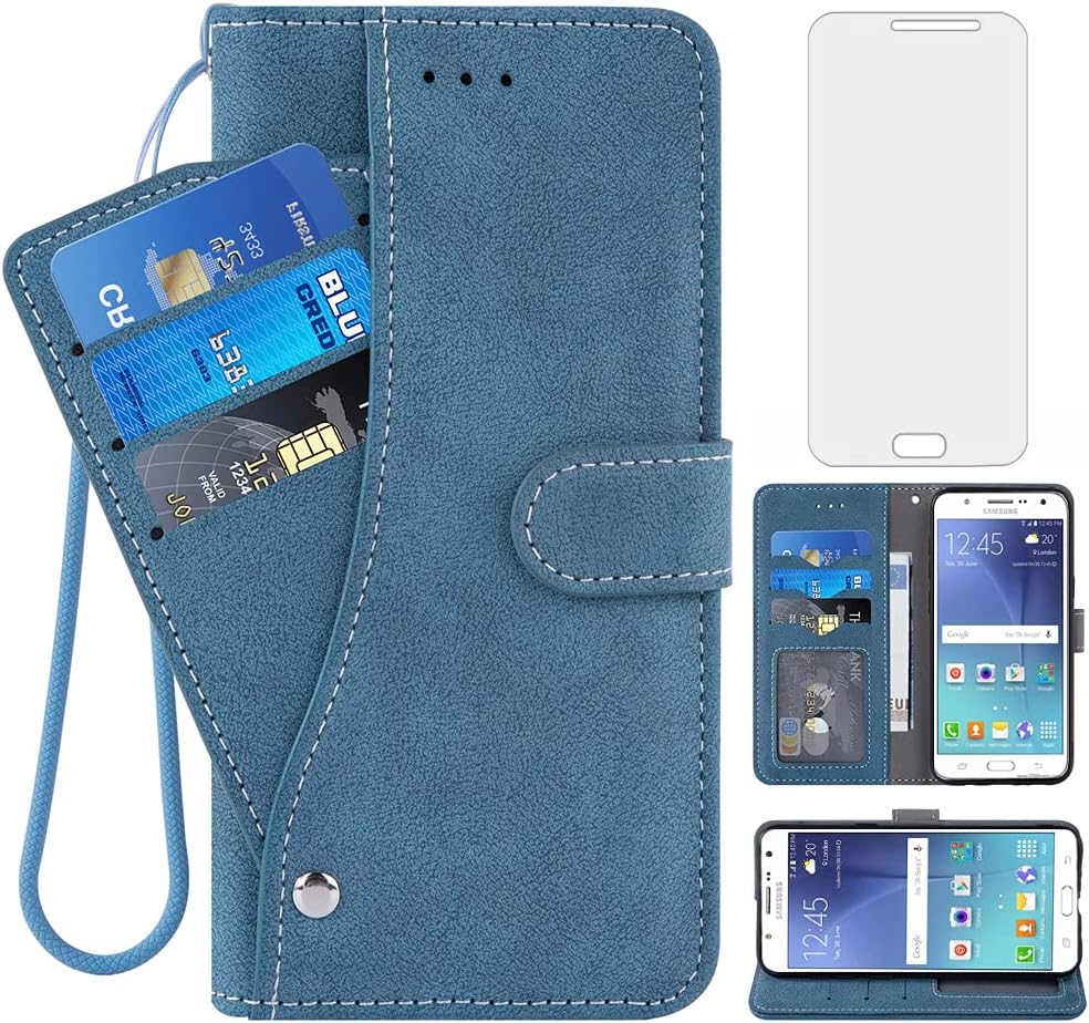 Asuwish Funda de teléfono para Samsung Galaxy J5 2015, funda tipo cartera con tapa y protector de pantalla de vidrio templado, soporte para