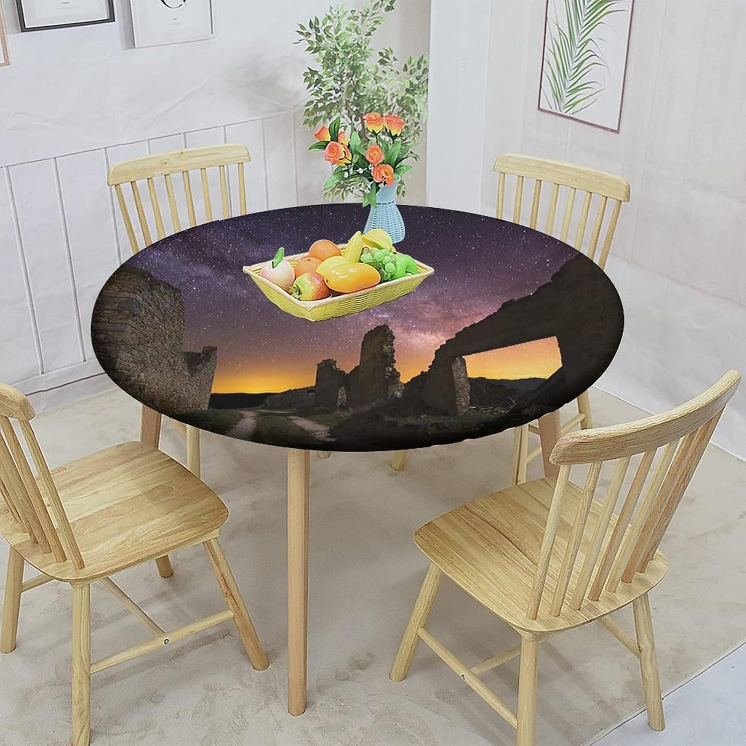 Landscape Round Fitted Tablecloth with Elastic Edge,Antique Ruin at Starry Night Celestial Road Roman Print Polyester Table Cloth, XXSmall, Fit