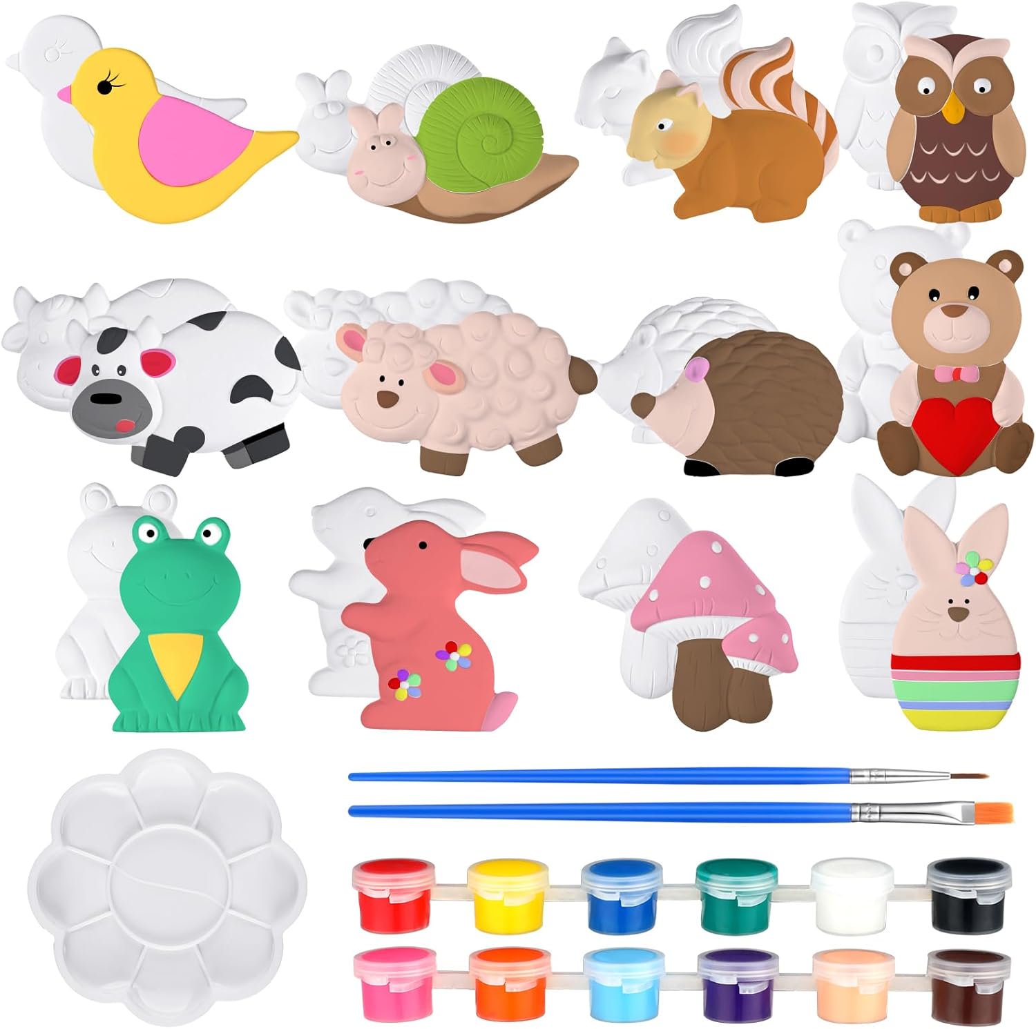 Juego de 12 juegos de arte y manualidades para niños, sin pintar, figuras de cerámica para pintar tus propias figuras con 12 imanes, 2 pinceles y 1