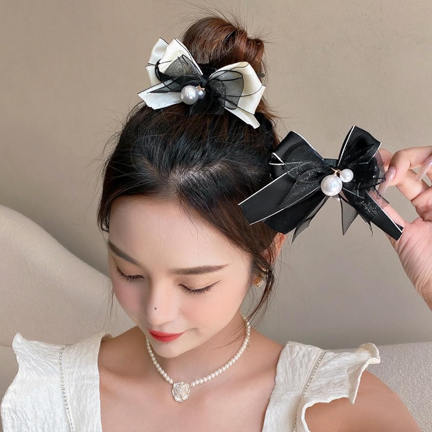 2 pinzas para el cabello con lazo de encaje, color blanco y negro, cinta para el cabello, pinzas para cola de caballo para mujeres y niñas, moda
