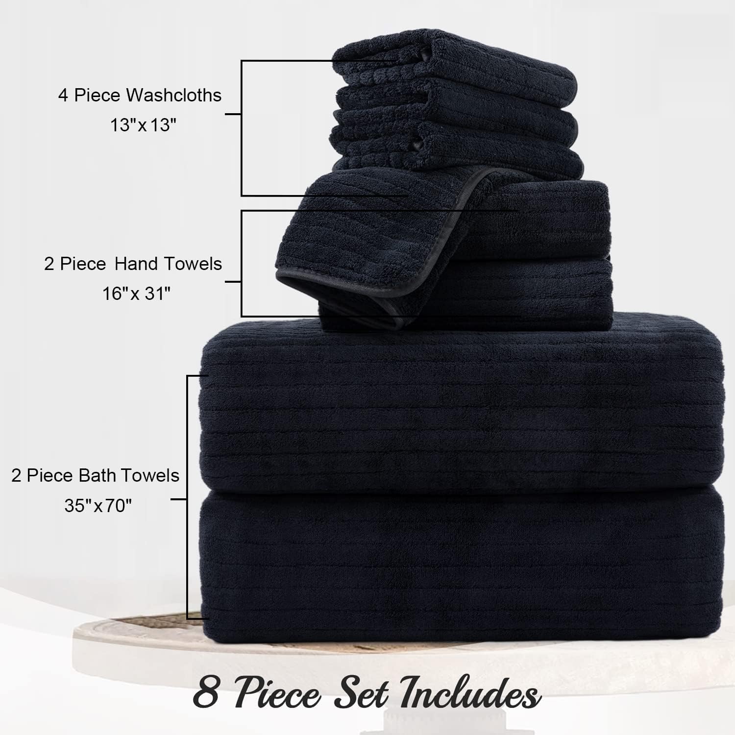 Juego de 8 toallas de baño grandes a rayas negras, 2 toallas de baño, 2 toallas de mano, 4 toallas pequeñas, toallas suaves, absorbentes, de secado