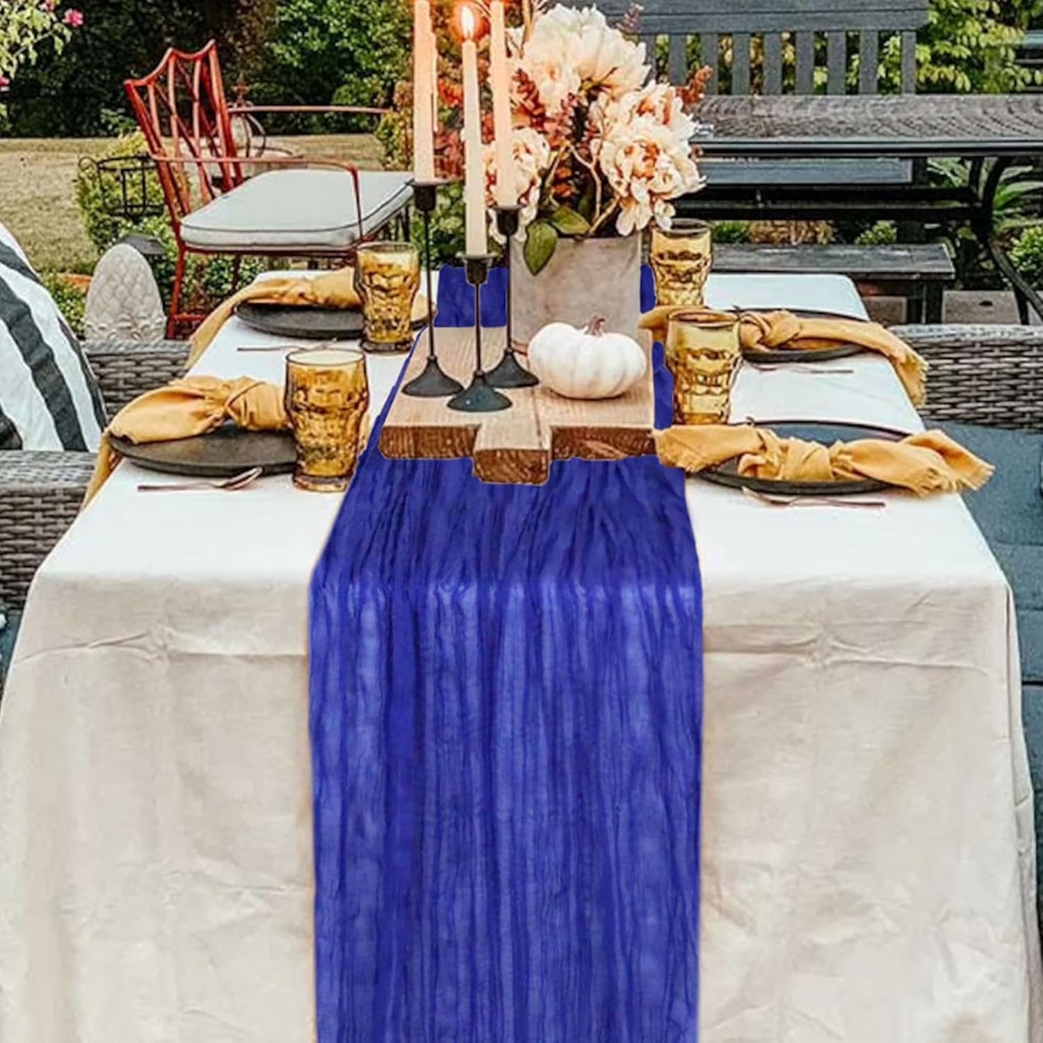 Camino de mesa de gasa azul real de 10 pies, 2 piezas, camino de mesa rústico para decoración de boda, camino de mesa vintage, arco de boda, camino