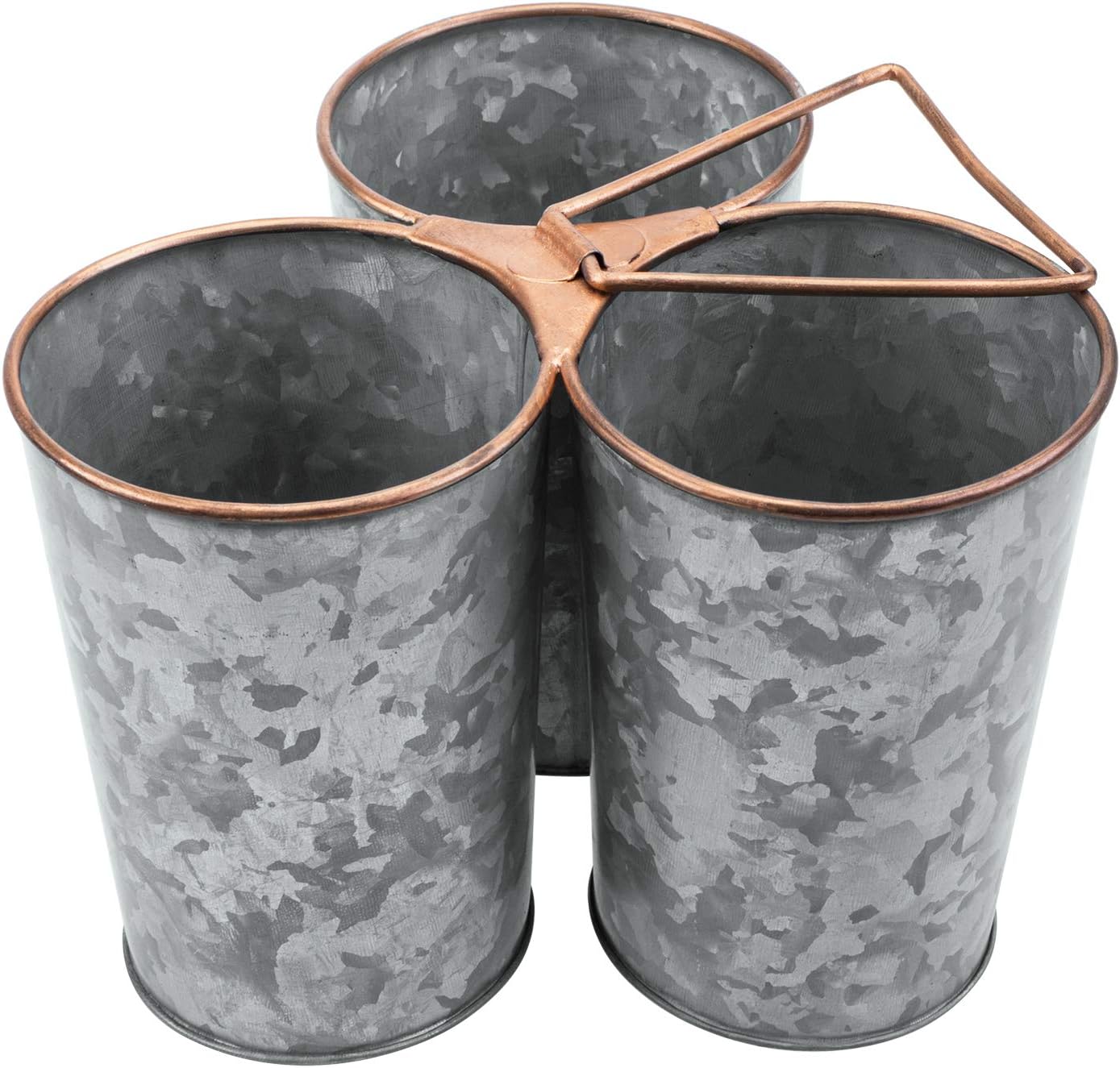 MyGift Organizador de utensilios de metal galvanizado con 3 compartimentos, borde y asa de cobre, almacenamiento de cubiertos para encimera,