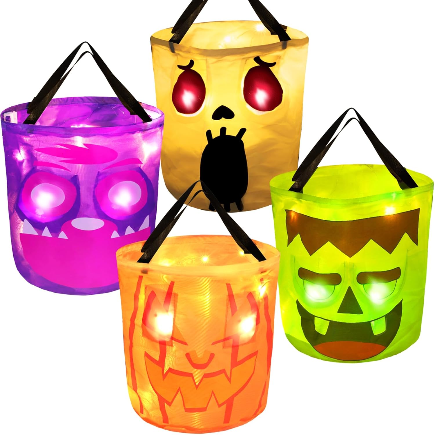 Cubos de Halloween Bolsas de truco o trato, 4 bolsas de dulces de Halloween, cubos de calabaza con luz LED, bolsas de golosinas para niños,