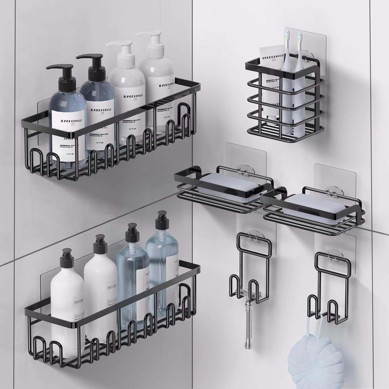 HSD Houseware Paquete de 7 organizadores de ducha adhesivos para almacenamiento de baño y cocina, estante de ducha adhesivo para ducha interior con