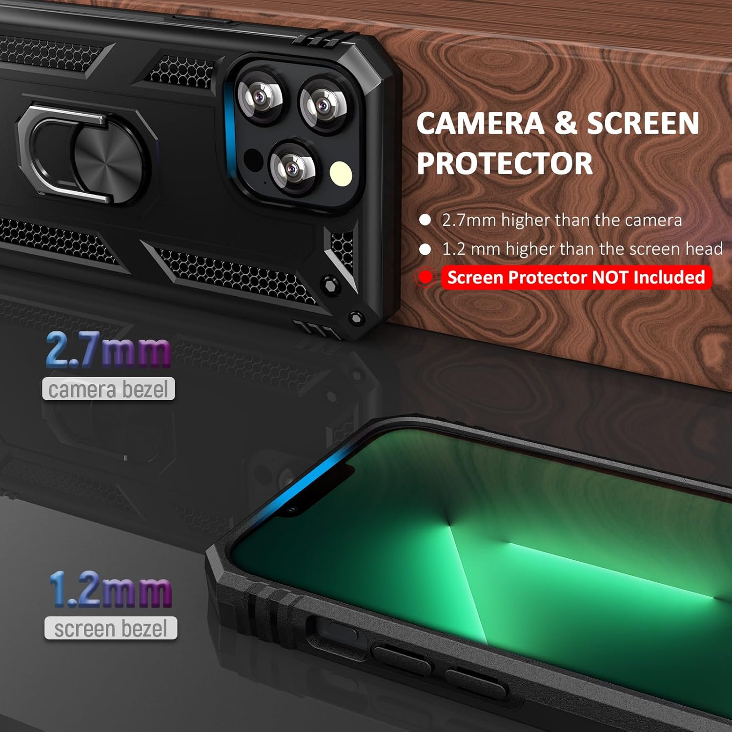 ADDIT Funda para iPhone 13 Pro Max, funda protectora de grado militar para iPhone 13 Pro Max con anillo de soporte de coche para iPhone 13 Pro Max