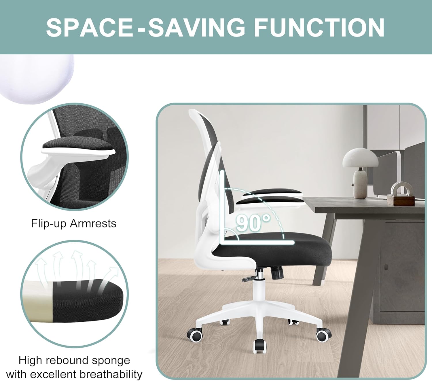 Silla de oficina ergonómica, silla de escritorio de soporte lumbar con reposabrazos abatibles y silla de oficina giratoria de altura ajustable