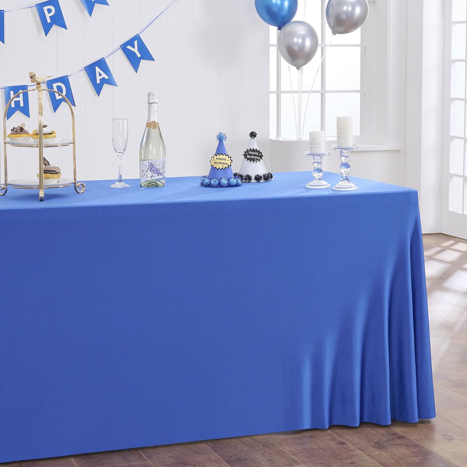 Mantel de 3 lados de elastano azul rey de 6 pies para mesas rectangulares, resistente a las arrugas, elástico, para fiestas, banquetes, eventos,