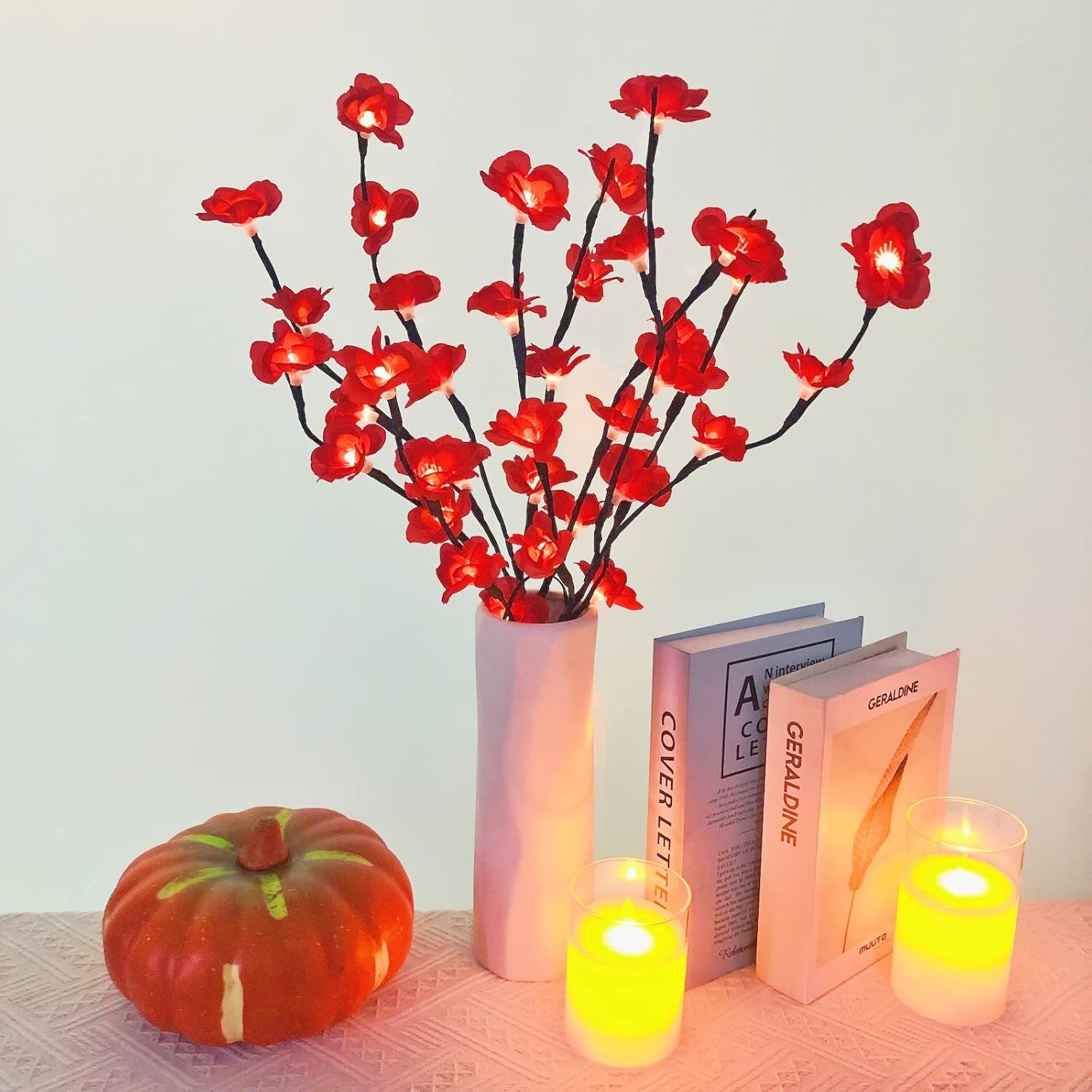 Paquete de 2 luces LED rojas de ramas Bossom de ciruela, funciona con pilas, ramas artificiales, lamei floral, pequeñas ramitas de 30 pulgadas, 20