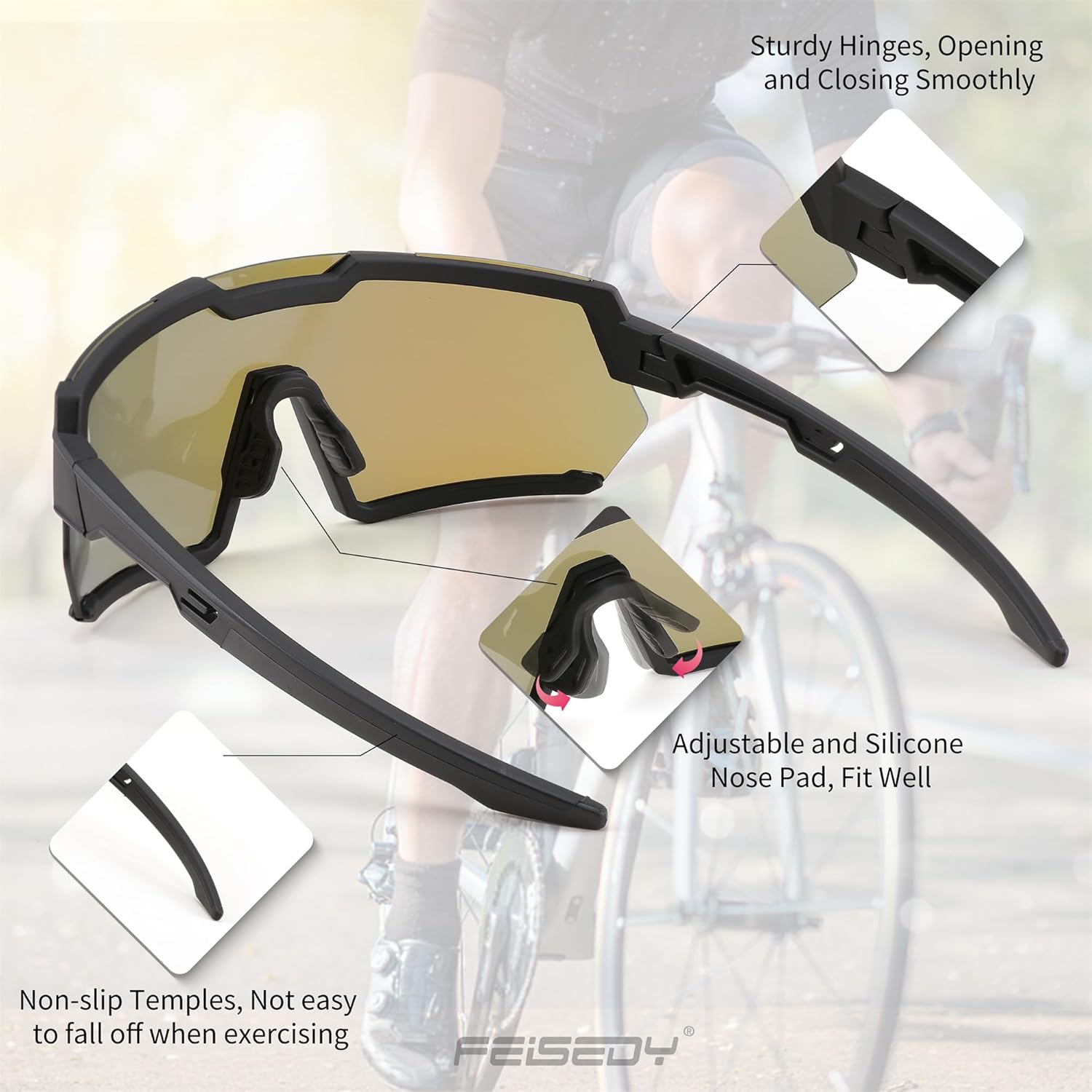 FEISEDY Gafas de sol de ciclismo para hombres y mujeres, con 3 lentes intercambiables, TR90 gafas deportivas de béisbol para jóvenes y adolescentes