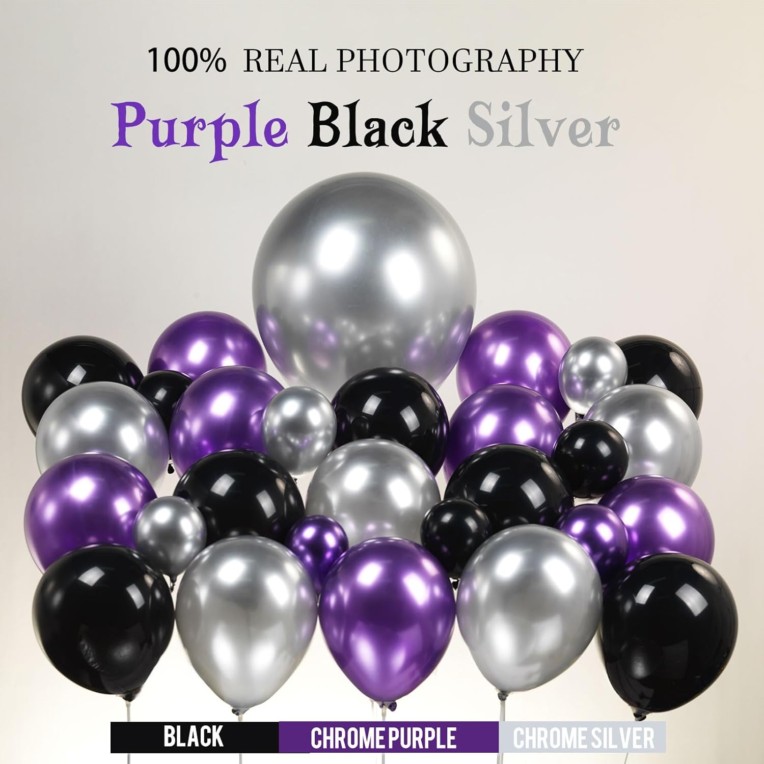 Kit de guirnalda de globos cromados, morados, negros y plateados, 126 piezas con globos de estrella grandes para mujer, aniversario de cumpleaños