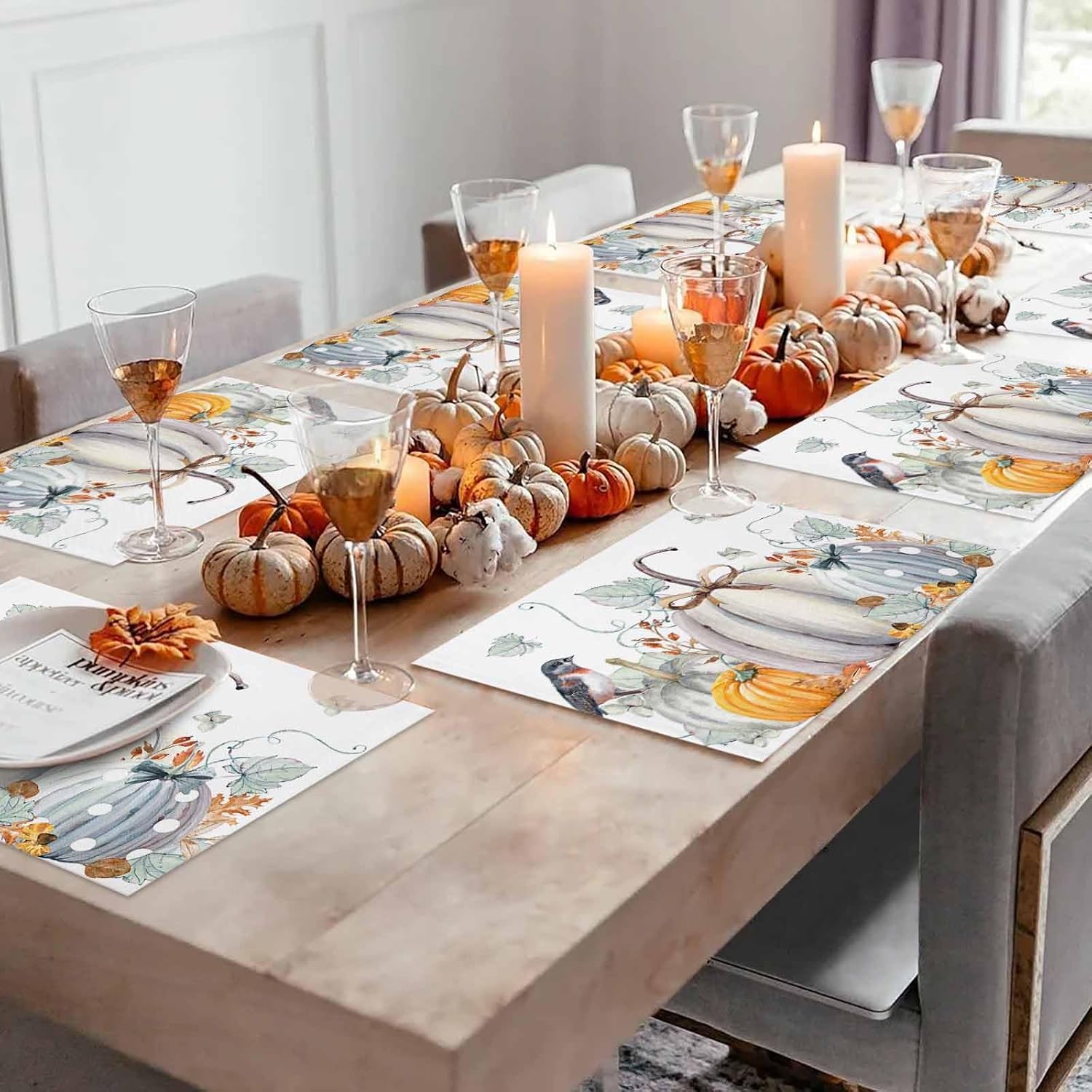 Juego de 6 manteles individuales de otoño, manteles individuales de calabaza blanca para decoración de mesa de comedor, manteles individuales de