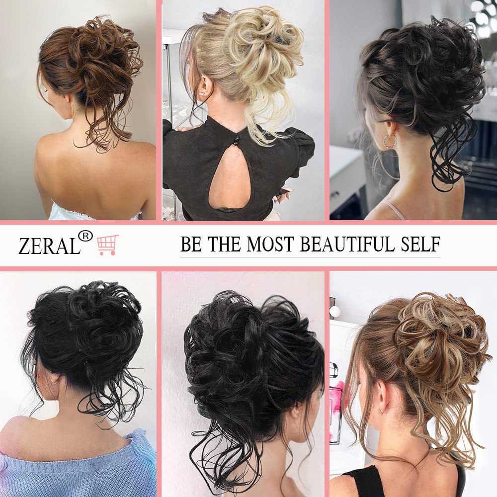 ZERAL Extensiones de cabello despeinado con bandas elásticas para el cabello rizado para mujeres (mezcla marrón y rubio decolorado)