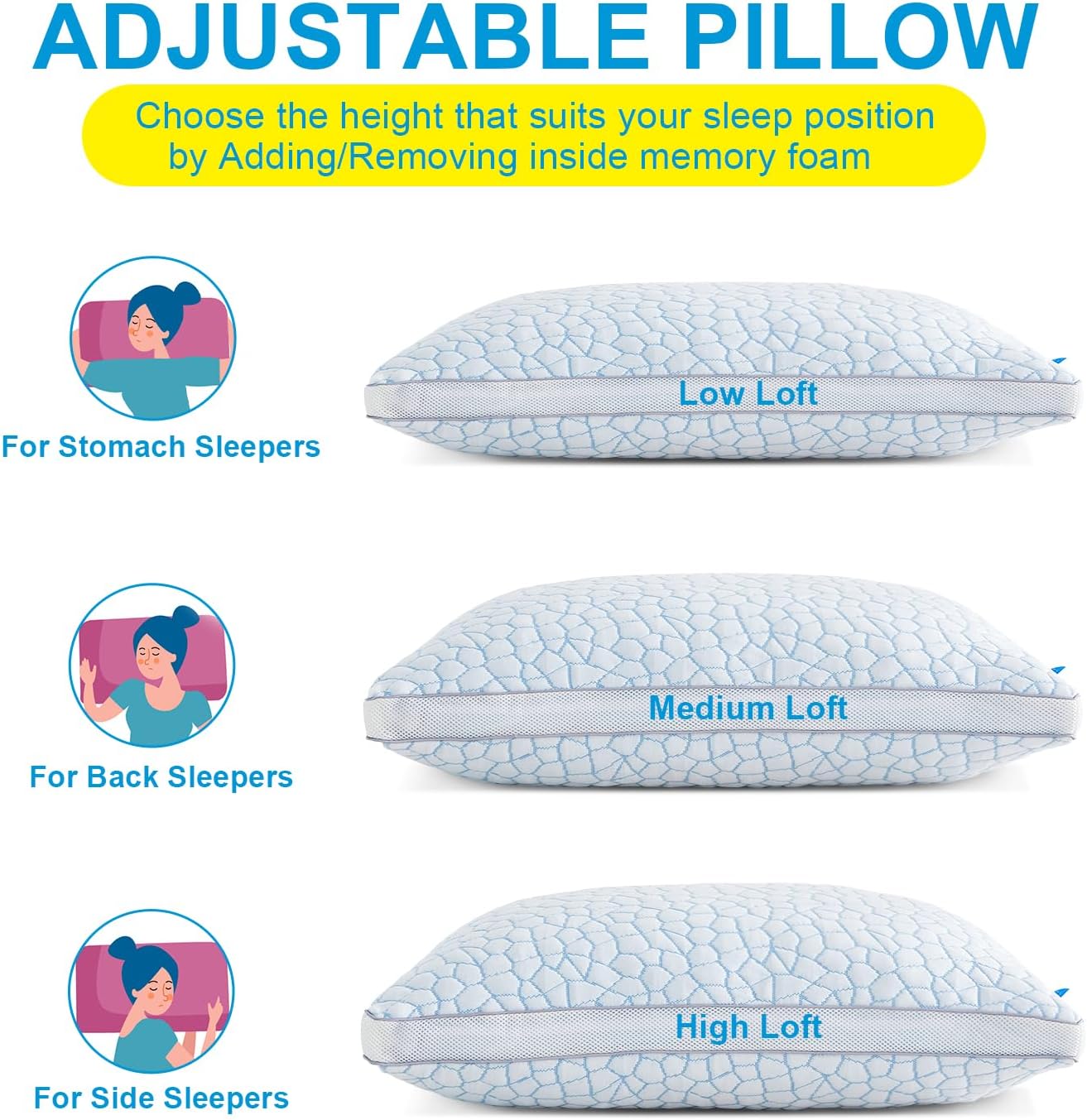 QUTOOL Juego de 2 almohadas refrescantes de espuma viscoelástica de lujo, almohadas de cama de bambú tamaño Queen, almohadas de gel ajustables para