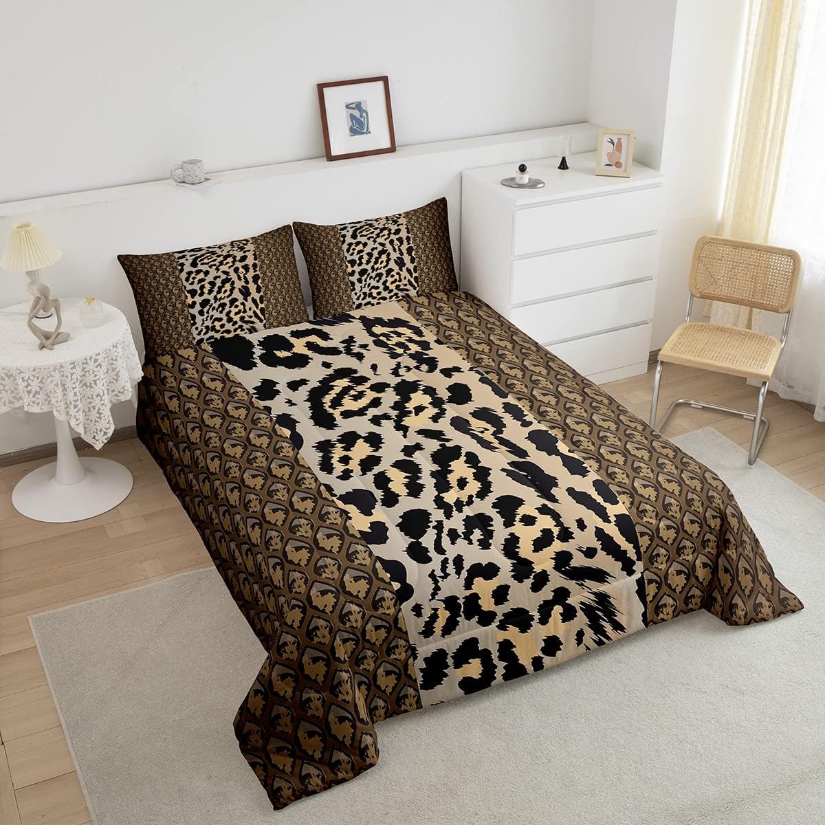 Erosebridal Juego de edredón con estampado de leopardo, juego de ropa de cama de guepardo marrón con estampado de animales, juegos de edredón de