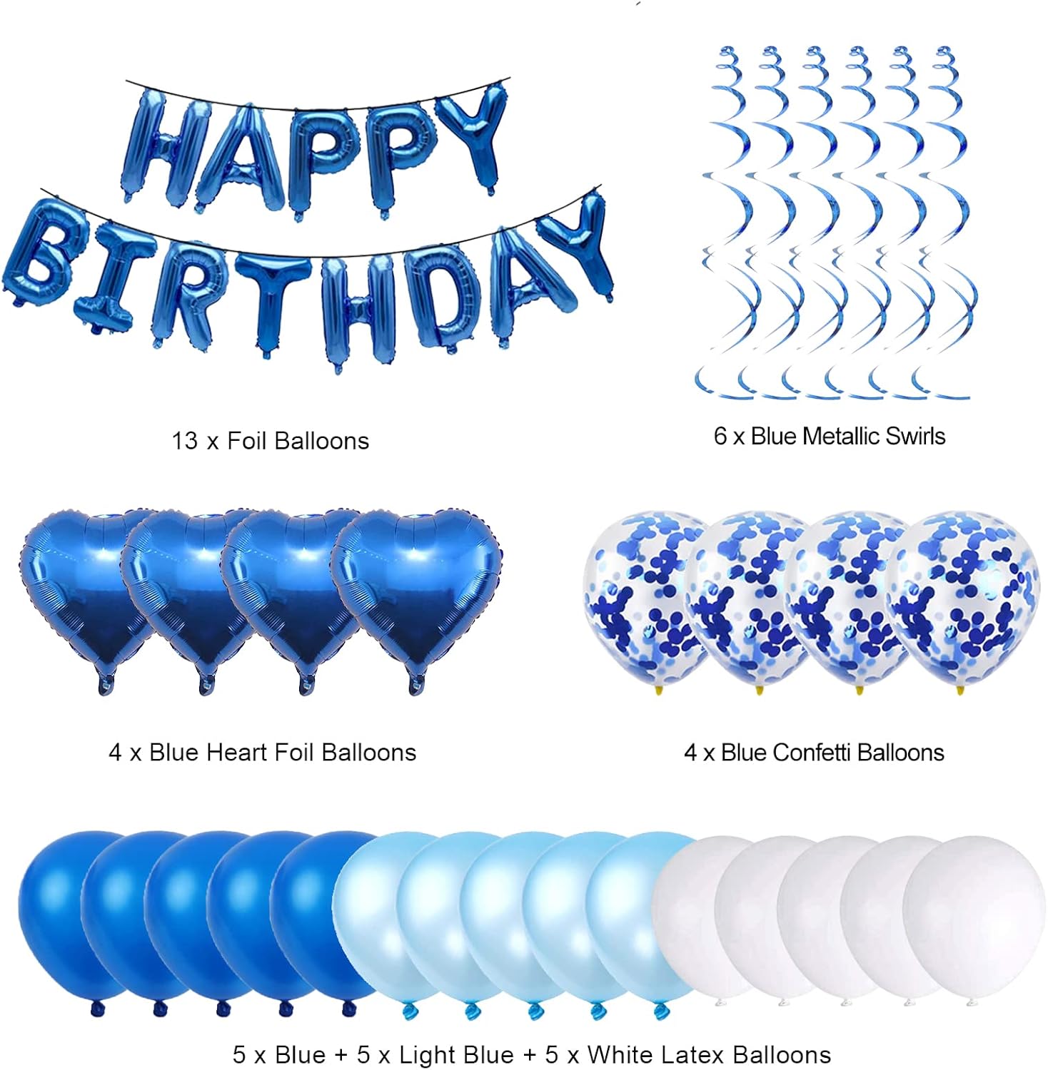 BRT Bearingshui Decoraciones de cumpleaños azules, decoración de globos de feliz cumpleaños, decoraciones de fiesta azul para 1, 13, 16, 21, 30, 40,