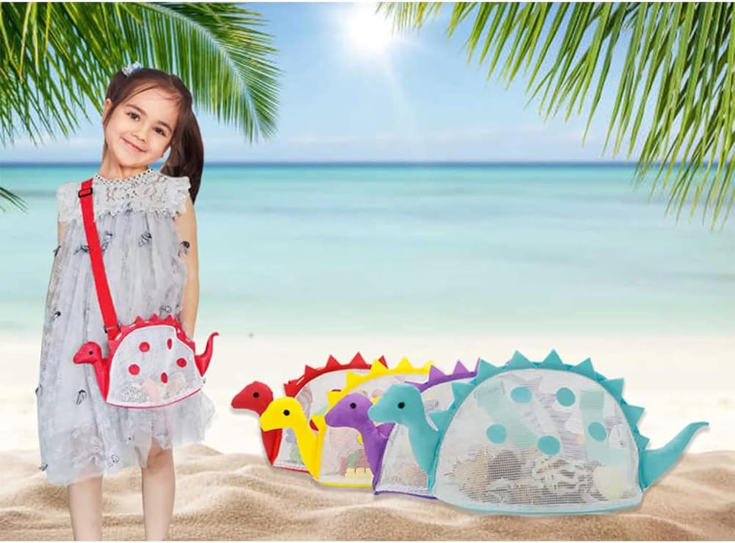 Bolsa de playa de malla para juguetes de playa, bolsa de recolección de conchas para niños, bolsa de juguetes de playa de dinosaurio para sostener