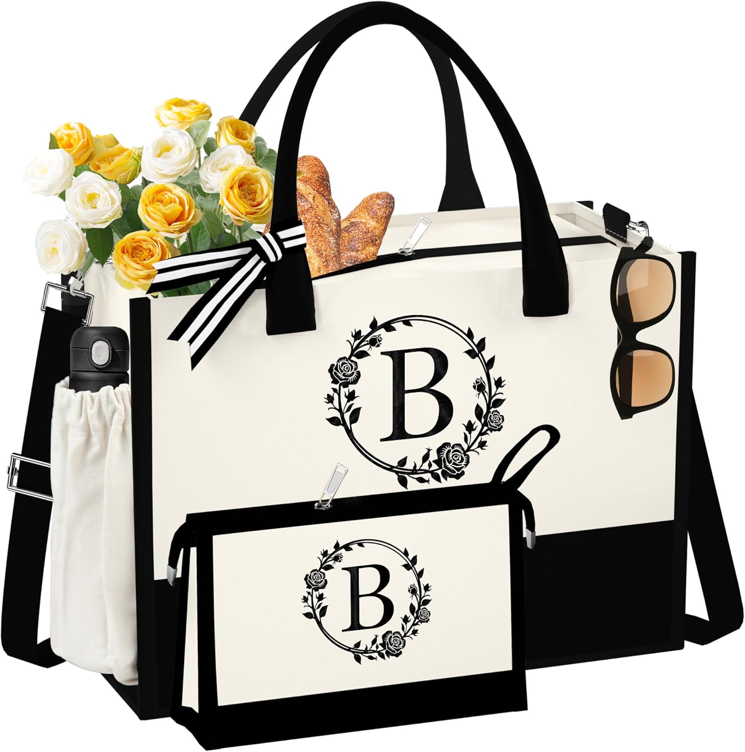 Bolsa de lona con inicial para la playa con bolsa de maquillaje, regalos personalizados para mujeres, madres, amigas, profesores, damas de honor,