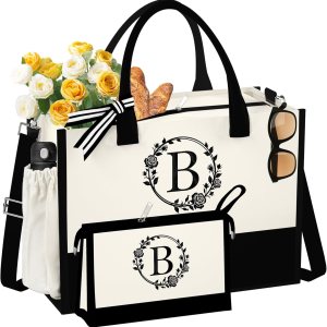 Bolsa de lona con inicial para la playa con bolsa de maquillaje, regalos personalizados para mujeres, madres, amigas, profesores, damas de honor, Bolsa de lona con inicial para la playa con bolsa de maquillaje, regalos personalizados para mujeres, madres, amigas, profesores, damas de honor,