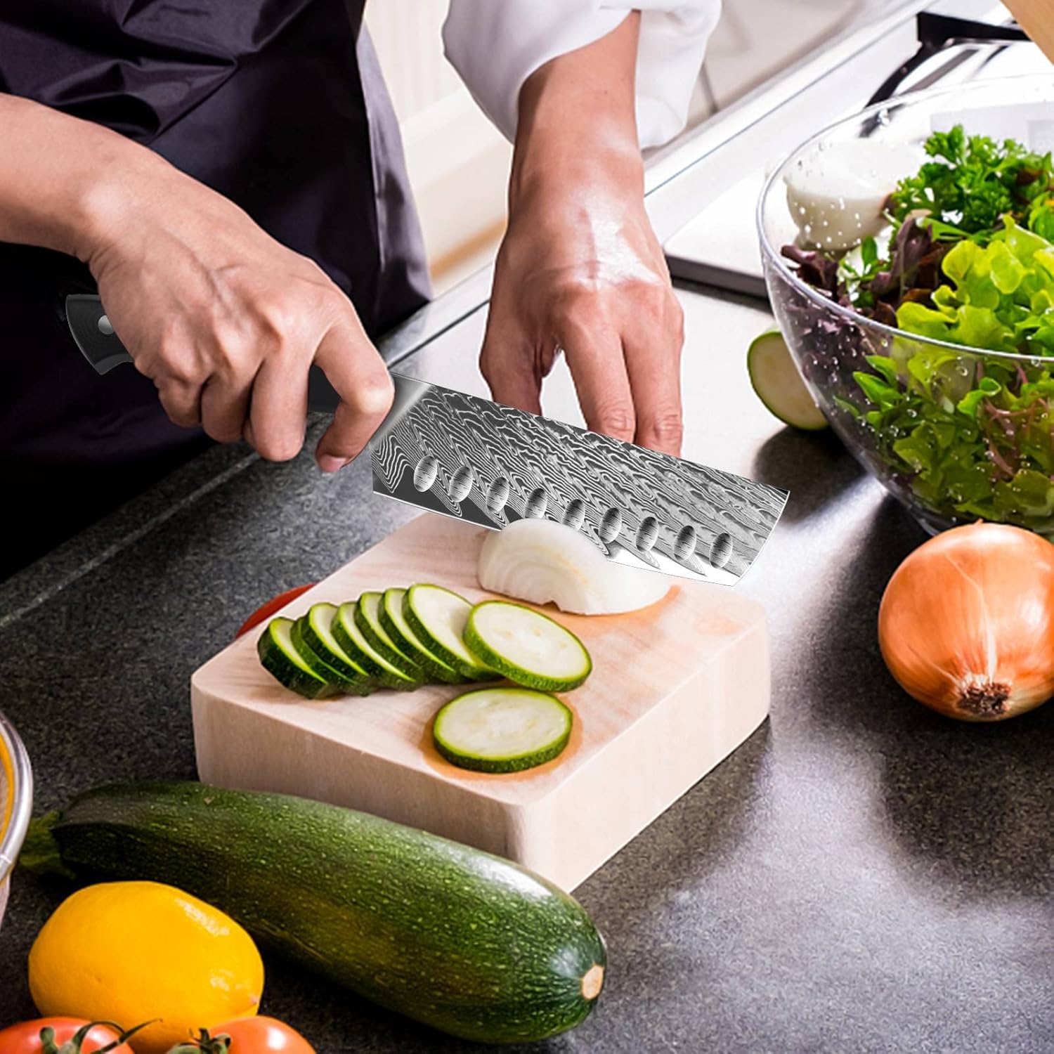 SHAN ZU Nakiri – Cuchillo profesional para verduras de acero Damasco japonés (AUS-10), mango ergonómico G10, serie SUN