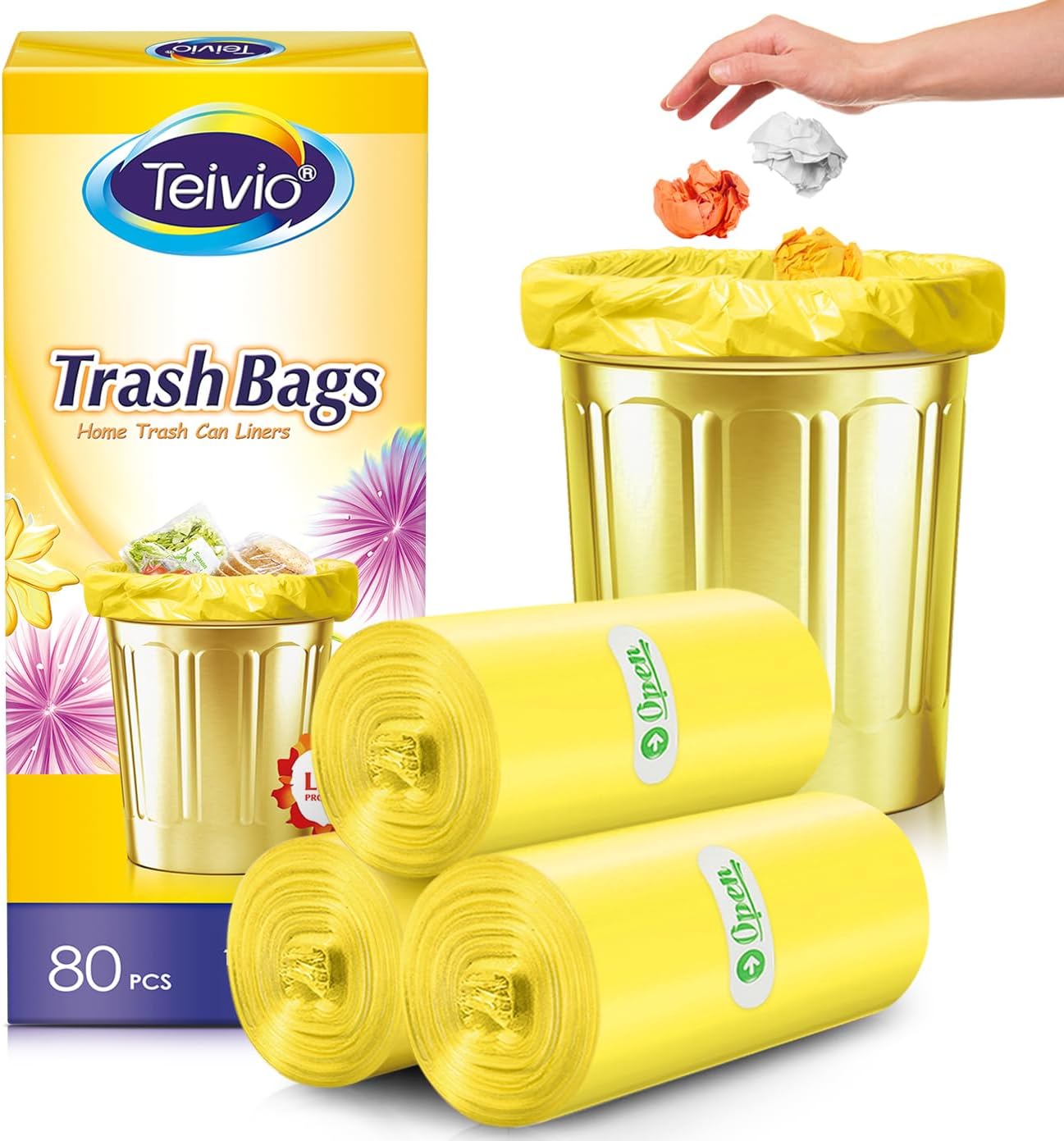 Teivio – Bolsas de basura fuertes de 3 galones, 80 unidades, bolsas de basura para baño, bolsas de plástico pequeñas para oficina en casa, cocina,