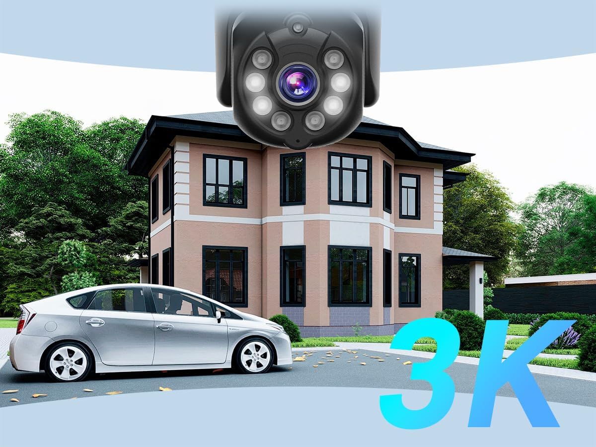 CKK Cámara de seguridad 2K con visión nocturna a color para exteriores, cámaras PTZ inalámbricas para detección humana con IA en el hogar y