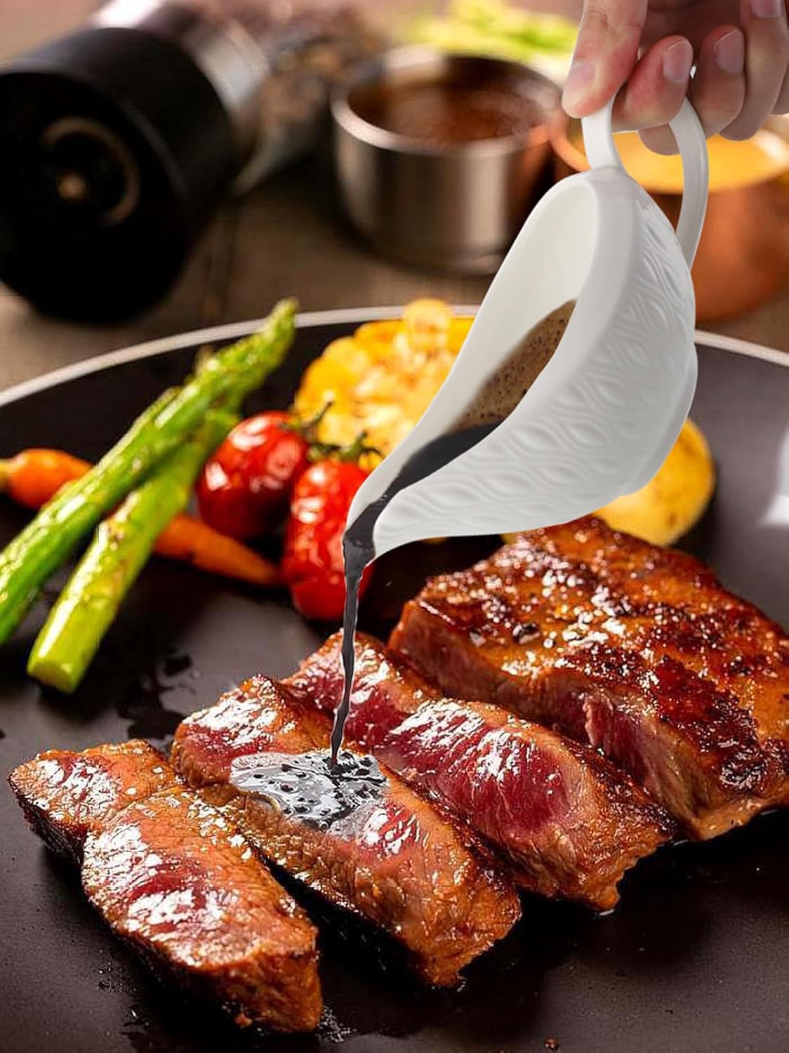 Barco de salsa de porcelana, cuenco de salsa de 16 onzas con platillo para caldo, aderezos de ensalada, crema, leche, pimienta negra (blanco)