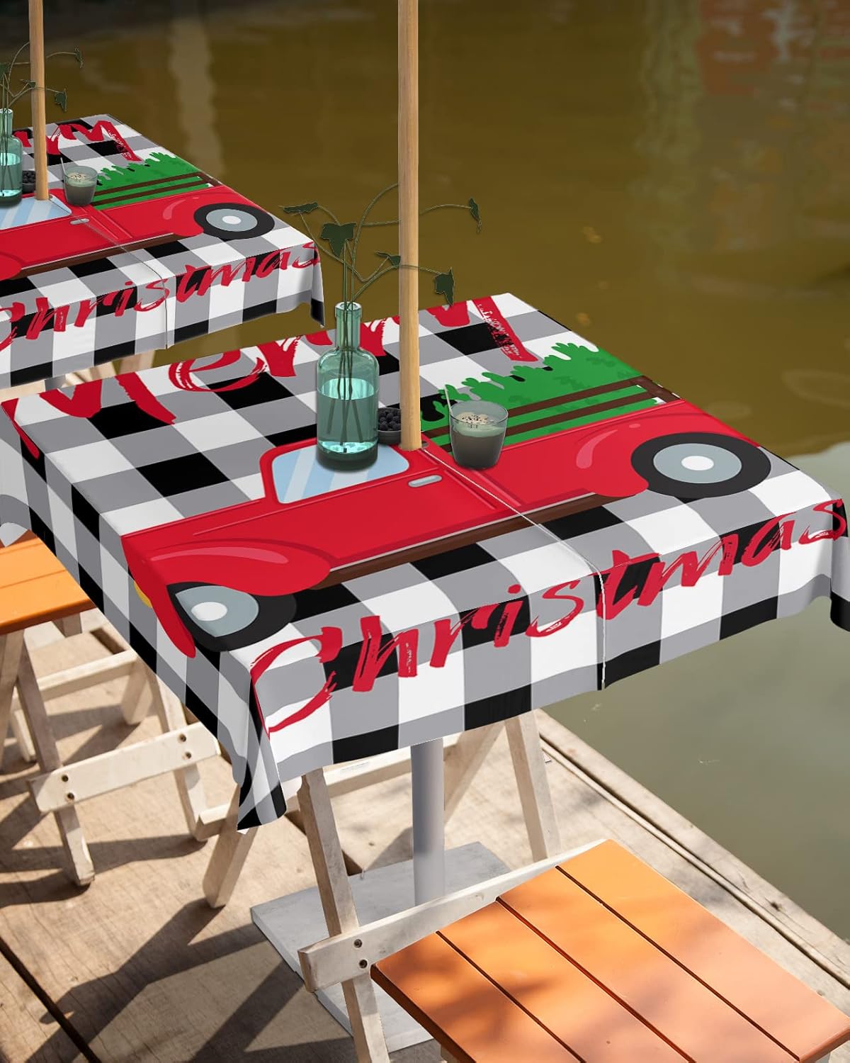 Outdoor Tablecloth with Umbrella Hole 54 x 54 Inch, Merry Christmas Farmhouse Red Xmas Truck Black White Buffalo Plaid Square Zippered Waterproof