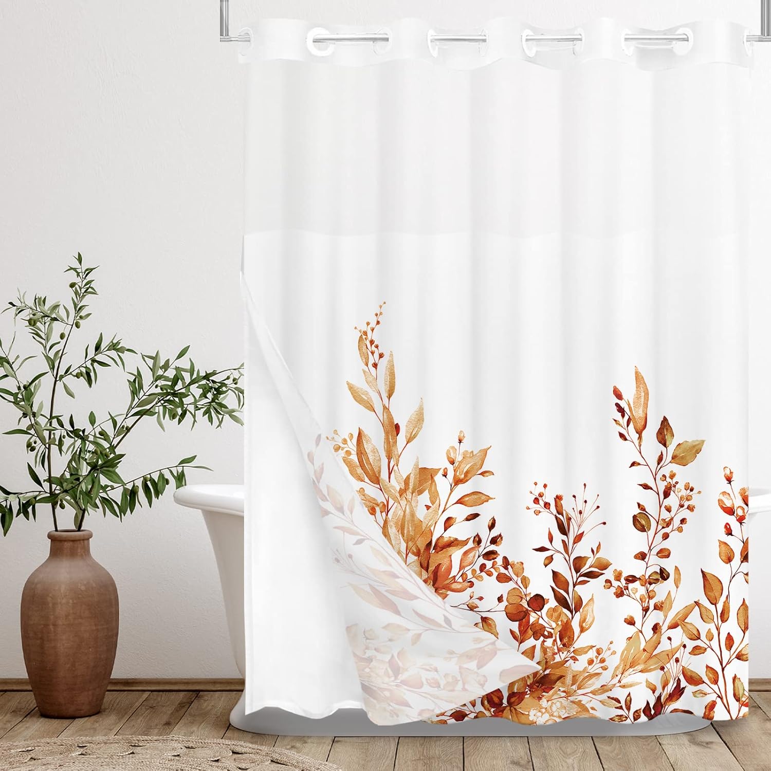 Tititex Juego de cortinas de ducha sin ganchos con forro de hojas de eucalipto naranja, doble capa de lujo, tela impermeable y transparente para