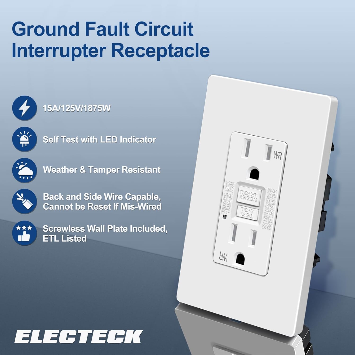 ELECTECK Tomas GFCI para exteriores de 15 amperios, resistentes a la intemperie (WR), receptáculos GFI de autoprueba con indicador LED, interruptor