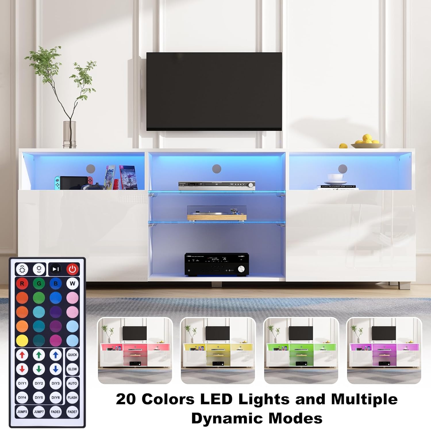 St.Mandyu Soporte de TV LED para TV de 6575 pulgadas, moderno centro de mesa de televisión con cajón y luces LED, centro de entretenimiento de alto