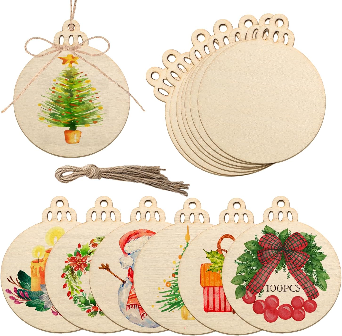 Artmag 100 piezas de adornos colgantes de madera sin terminar de Navidad, discos de madera redondos en blanco para niños, manualidades, centros de