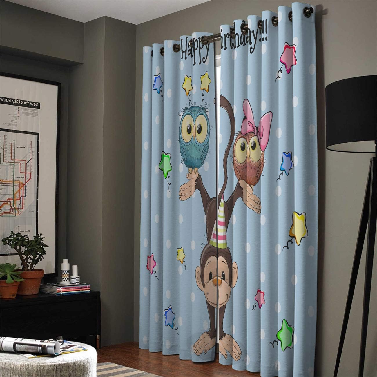 FortuneHouse Blackout Curtains Thermal Insulated Birthday Blessing Cute Monkey Owls Stars Solid Pattern Metal Grommet Elegant Room Drapes Window