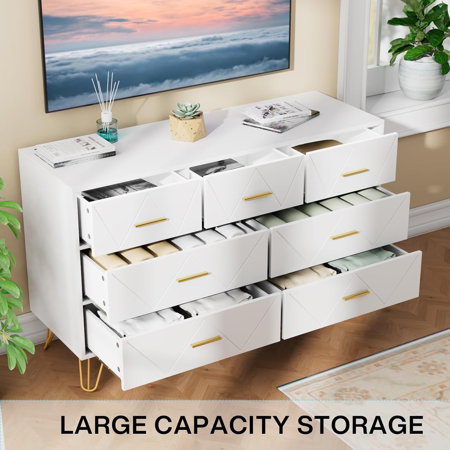 JOZZBY Cómoda para dormitorio, cómoda de 7 cajones, cómoda blanca con asas doradas, cómodas modernas y cómodas, cómoda para niños, para dormitorio,