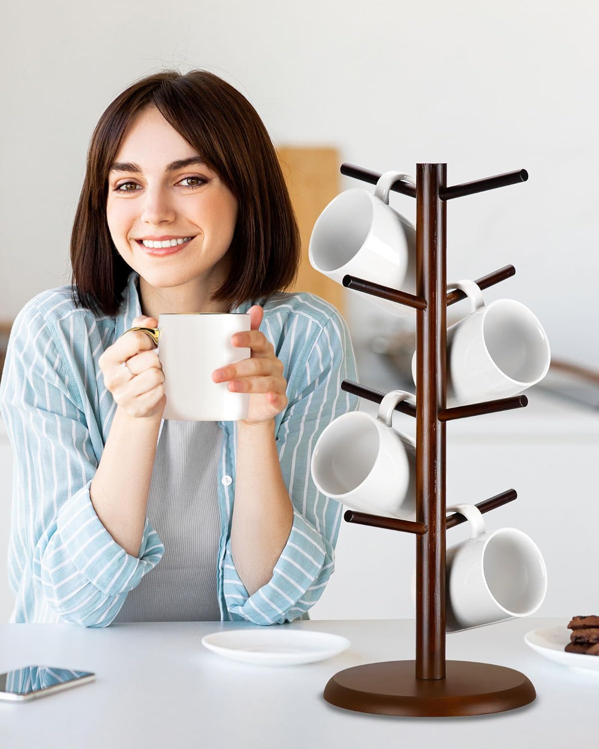 Lorbro Árbol de taza de café con 8 ganchos, soporte para taza, soporte de bambú para tazas de café, árbol de taza de encimera, soporte para tazas,