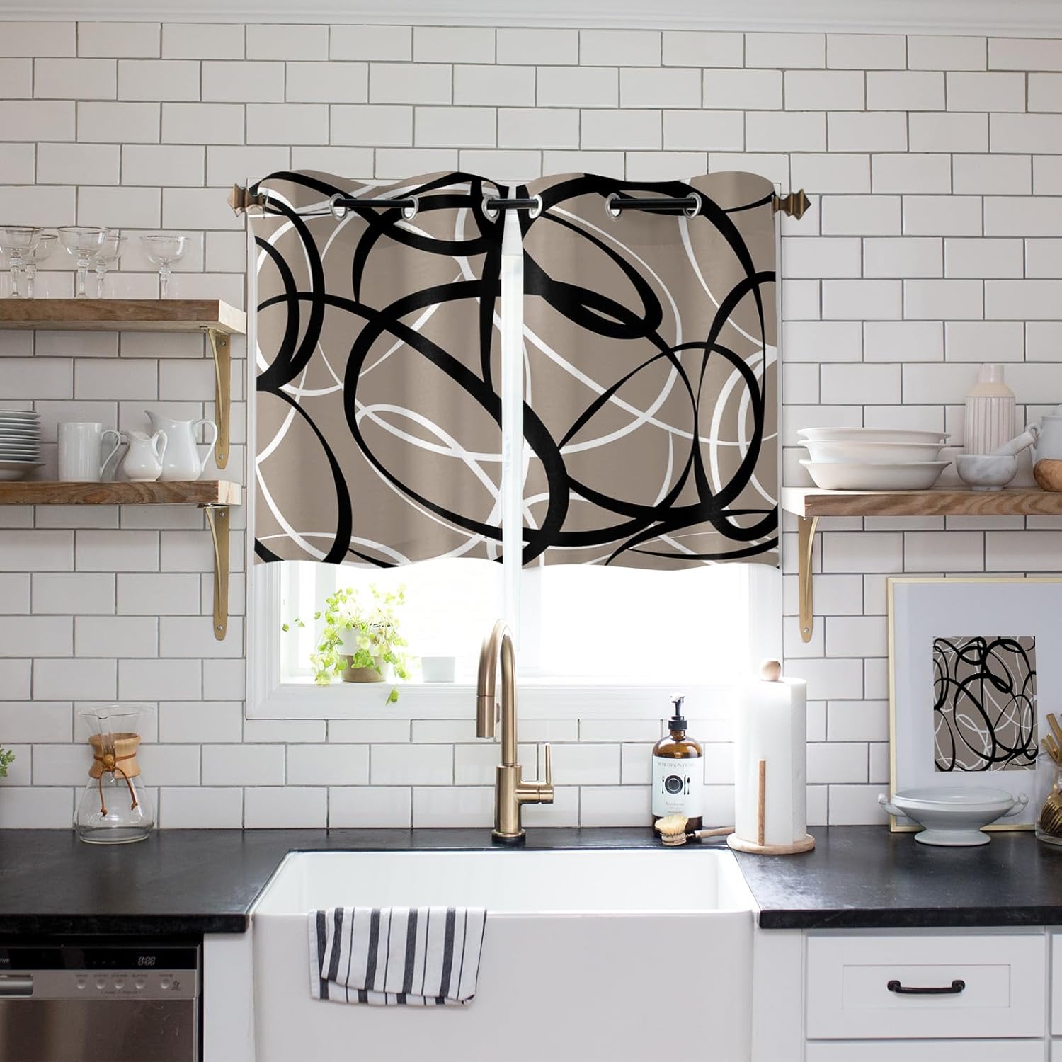Libaoge Curtains Panels for Kitchen Brown Black White Modern Abstract Art Lines Window Curtains Light Filtering Grommet Top Drapes for Bedroom