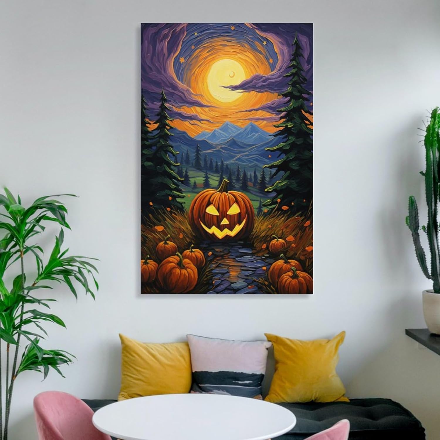 Póster de noche estrellada de Van Gogh con diseño de calabaza, lienzo divertido y estético, decoración de pared de bosque de fantasía, pósteres e