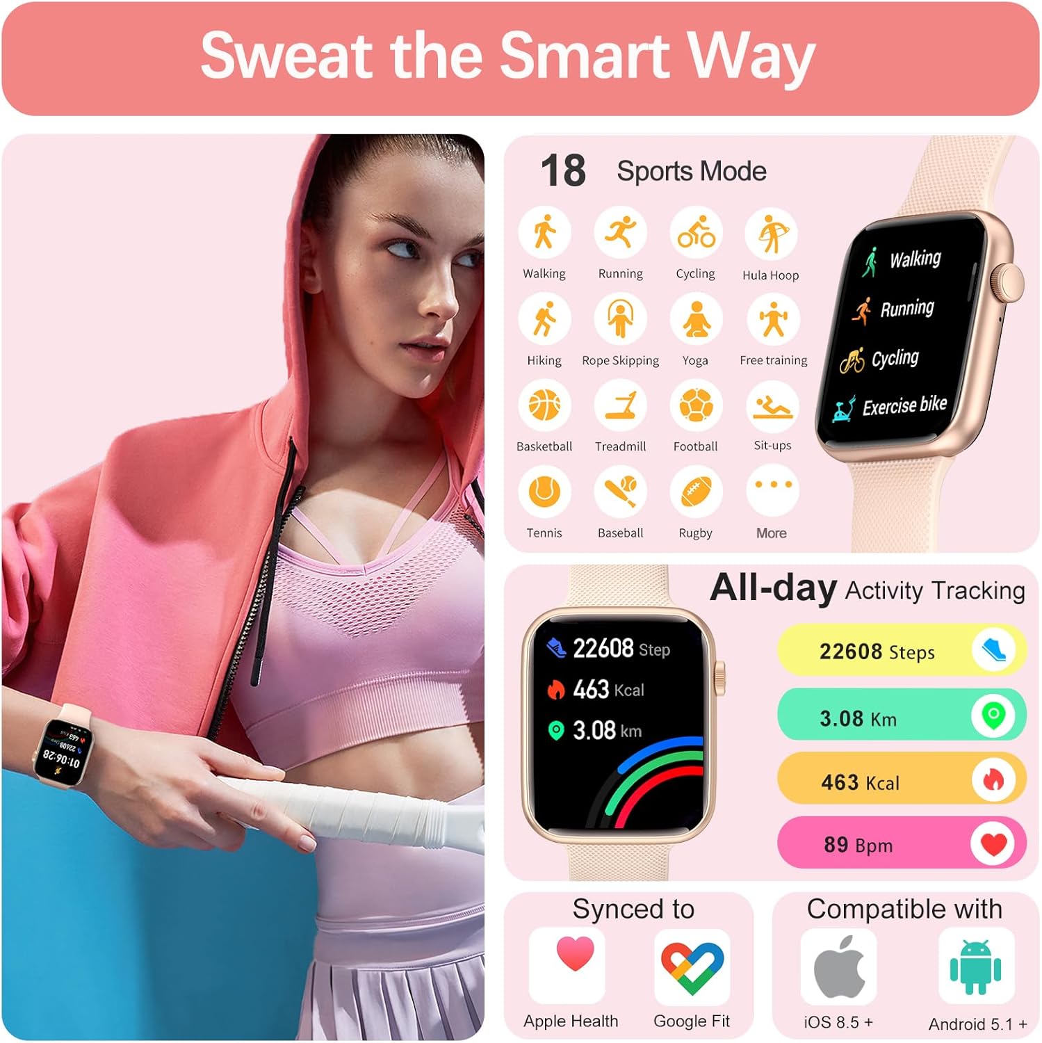 YoYoFit Reloj inteligente (respuestahacer llamadas), reloj inteligente de 1.85 pulgadas para mujer, rastreador de actividad física impermeable con