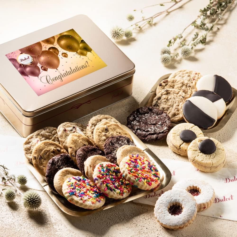 Dulcet Gift Baskets Delicioso surtido de cajas de regalo de galletas con blanco y negro tradicional, galletas de espolvoreo, regalo de sabores