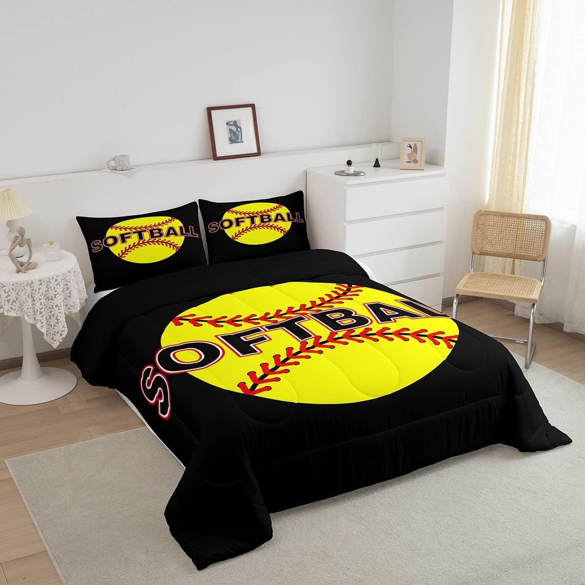 Erosebridal Juego de ropa de cama de béisbol para niños y niñas, edredón de sóftbol matrimonial, edredón amarillo de plumón de sóftbol para