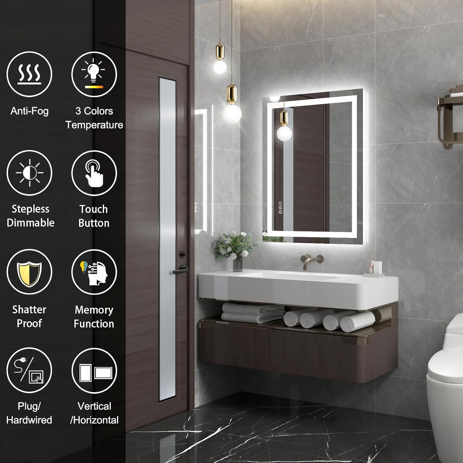 Twalsu Espejo LED de 36 x 28 pulgadas para baño con tiras LED dobles, espejos iluminados delanteros y retroiluminados para pared de baño, 3 colores