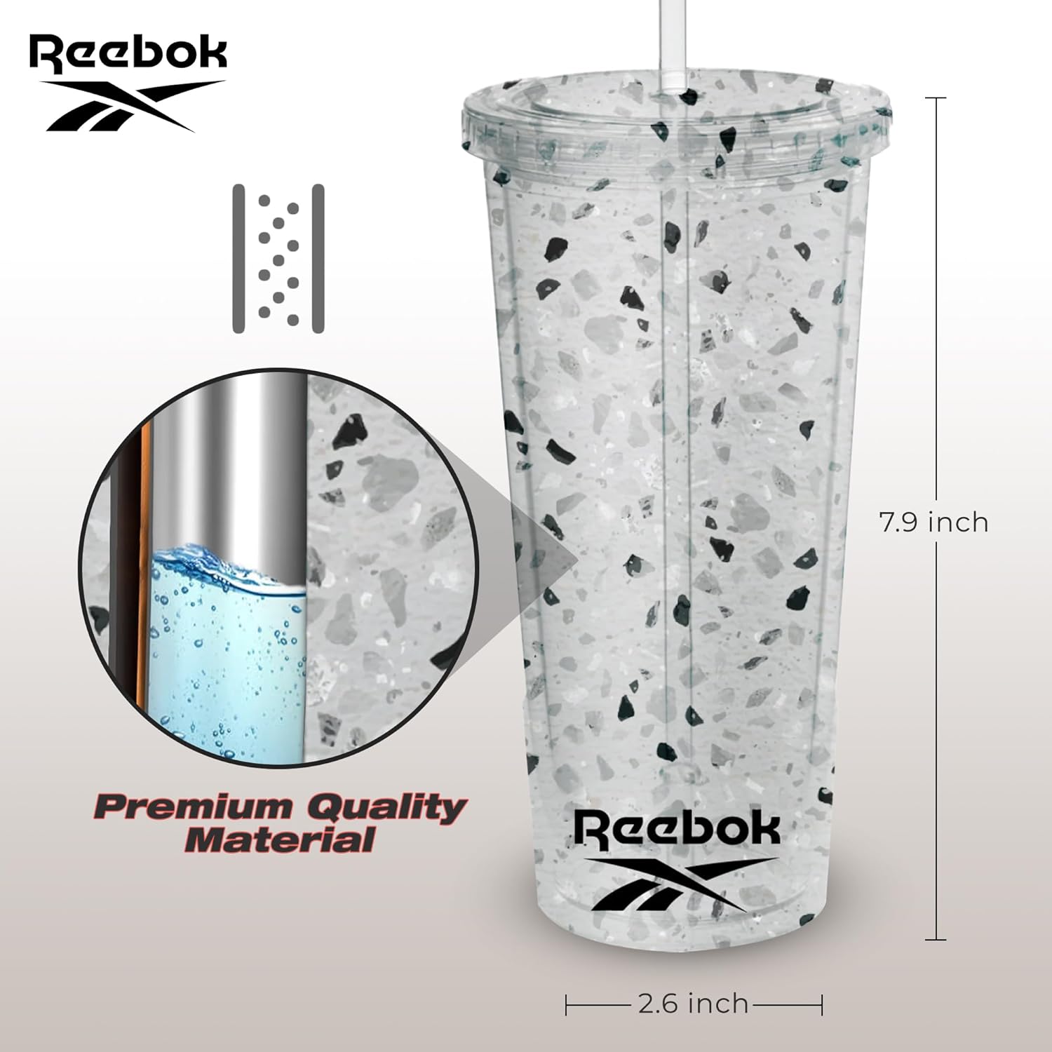 Reebok Lifestyle – Vasos de plástico reutilizables con textura de terrazo prémium con tapa y pajilla, para café de viaje, a prueba de fugas, sin BPA