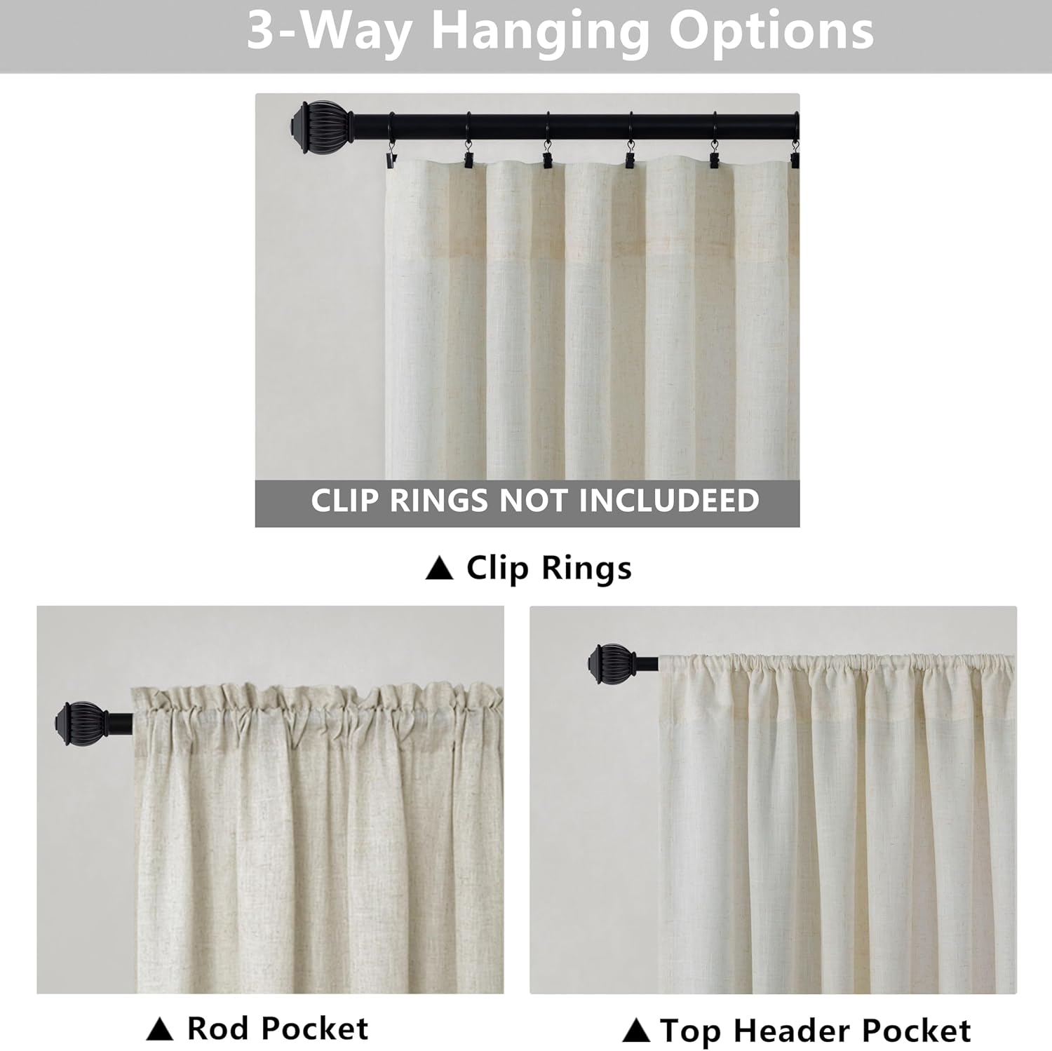 Cortinas largas de lino transparentes de lino de 120 pulgadas de largo para comedor, 2 paneles con bolsillo para barra, cortinas texturizadas de
