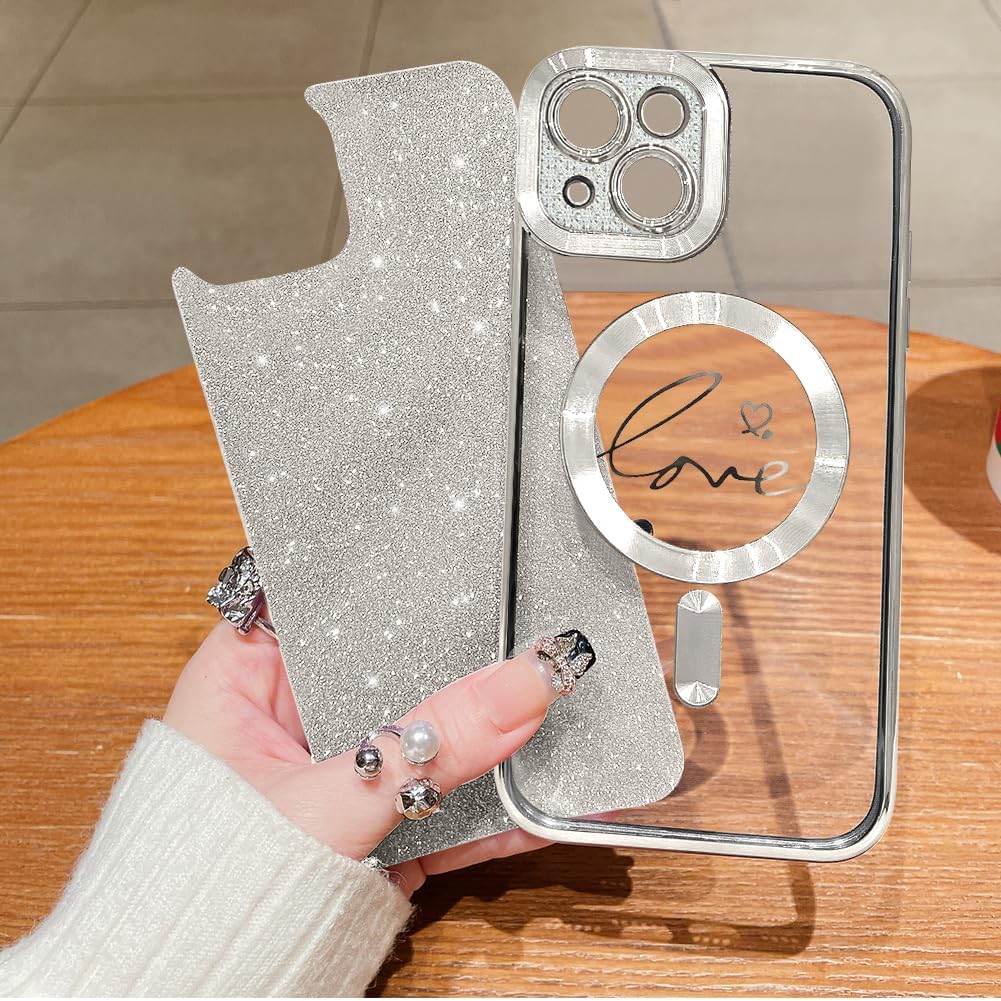 Funda magnética transparente con purpurina para iPhone 14, compatible con Magsafe, diseño de corazón de amor, chapado de lujo, protector completo de