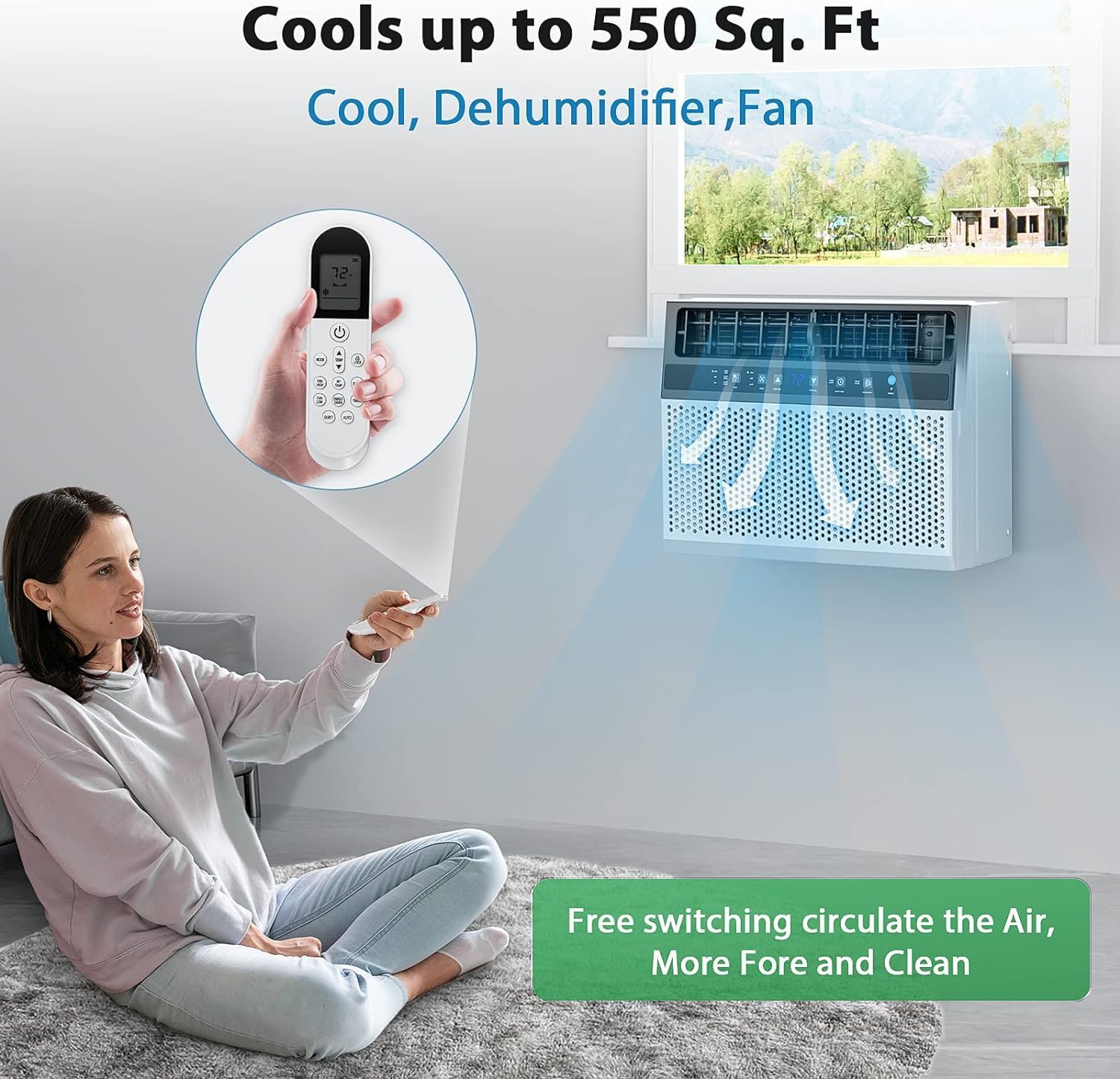 Joy Pebble Aire acondicionado de ventana de 12000 BTU, unidad de ventana de CA 3 en 1 para enfriar la habitación hasta 550 pies cuadrados,
