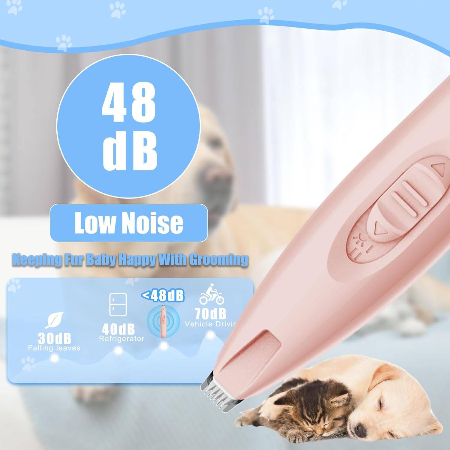KIKETECH Recortadora de patas de perro con LED  Cortapelos de perro recargable inalámbrico de 2 velocidades, afeitadora de bajo ruido con hoja de