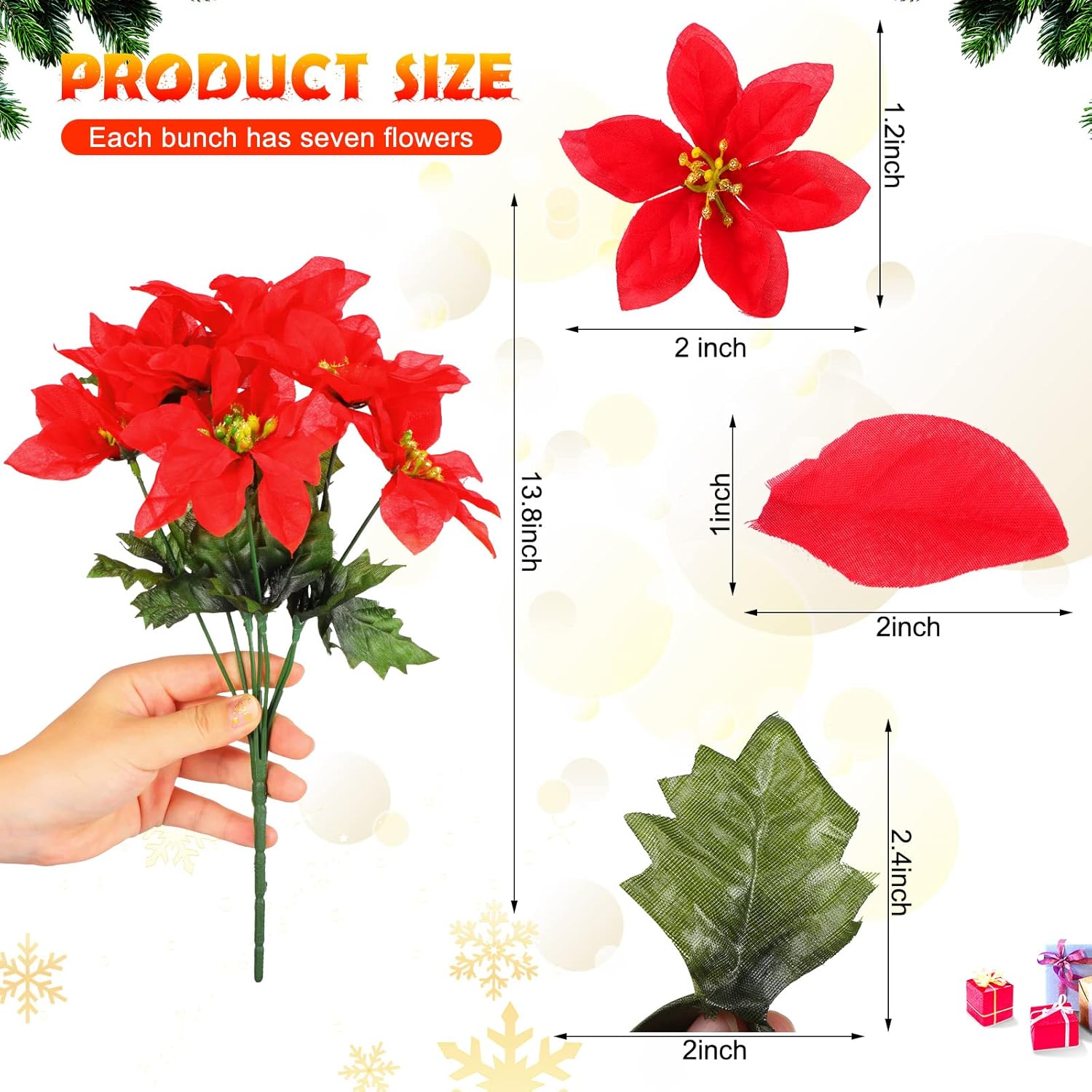 7 cabezas de flores de pascua artificiales de Navidad, ramos de flores de pascua sintéticas, adornos de árbol de Navidad de flor de pascua, adornos